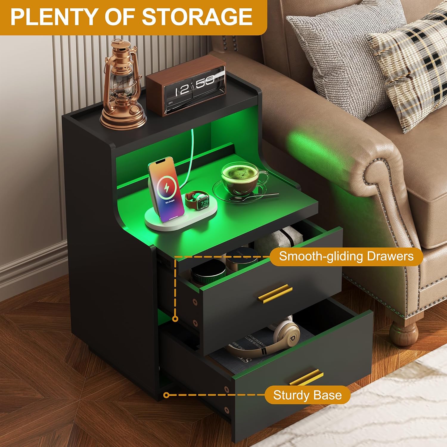 Thumbnail 6 de Yusong LED Nightstand with Charging Station, RGB Lights, 2 Drawers, Black