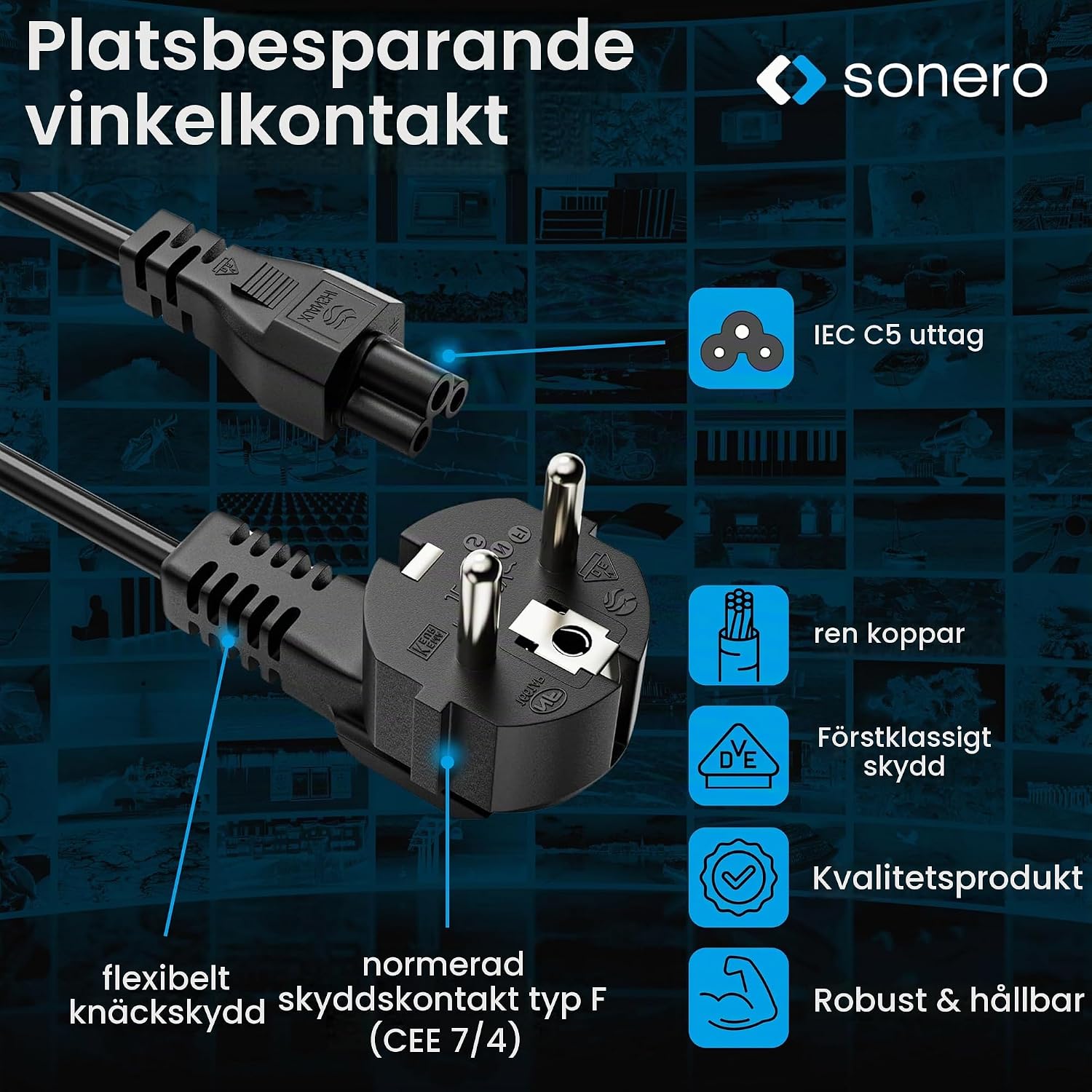 Detalle 2 de Sonero strömkabel Schuko till C5, 2,0 m med vinklad jordad kontakt