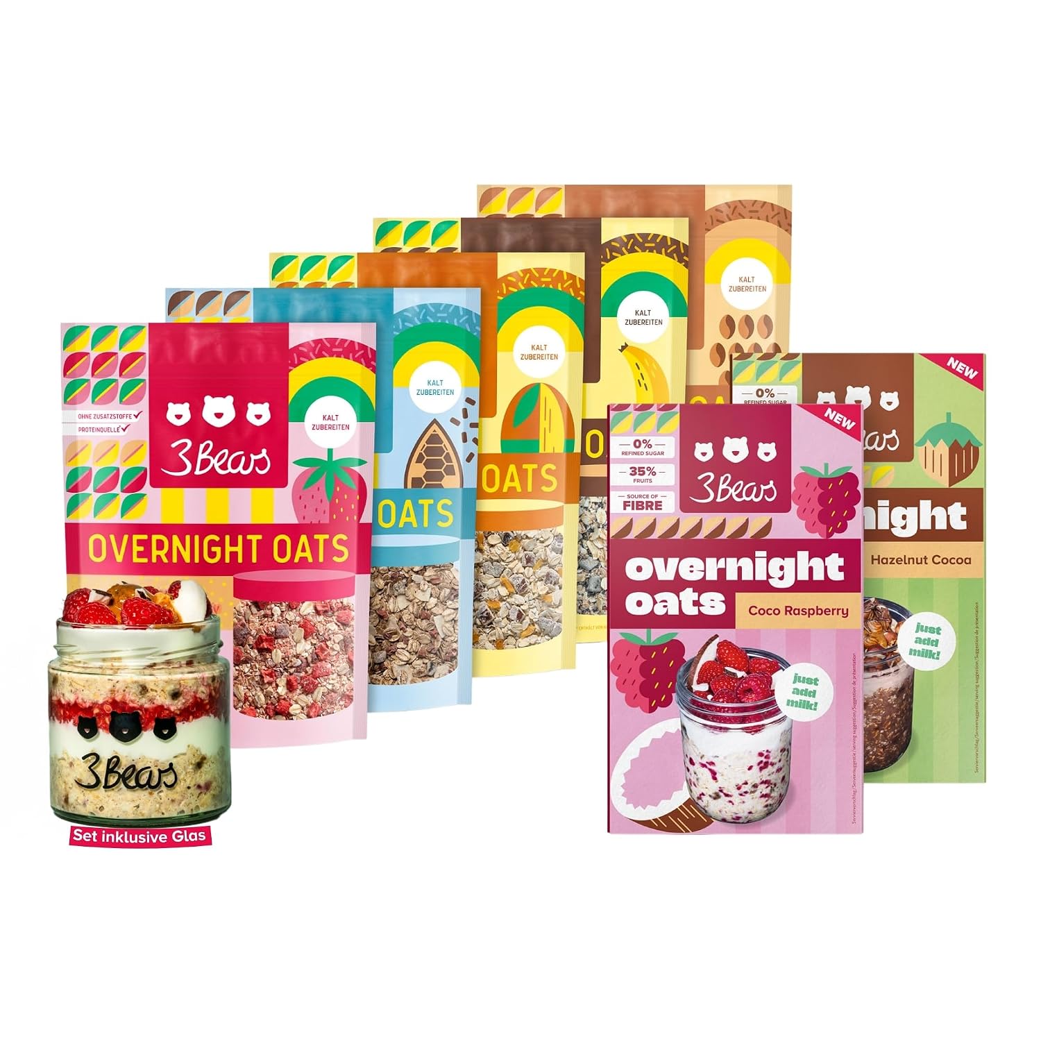 3Bears Overnight Oats Lover-Set inkl. Glas – 7x vegane Porridgemischung (ohne Industriezucker)