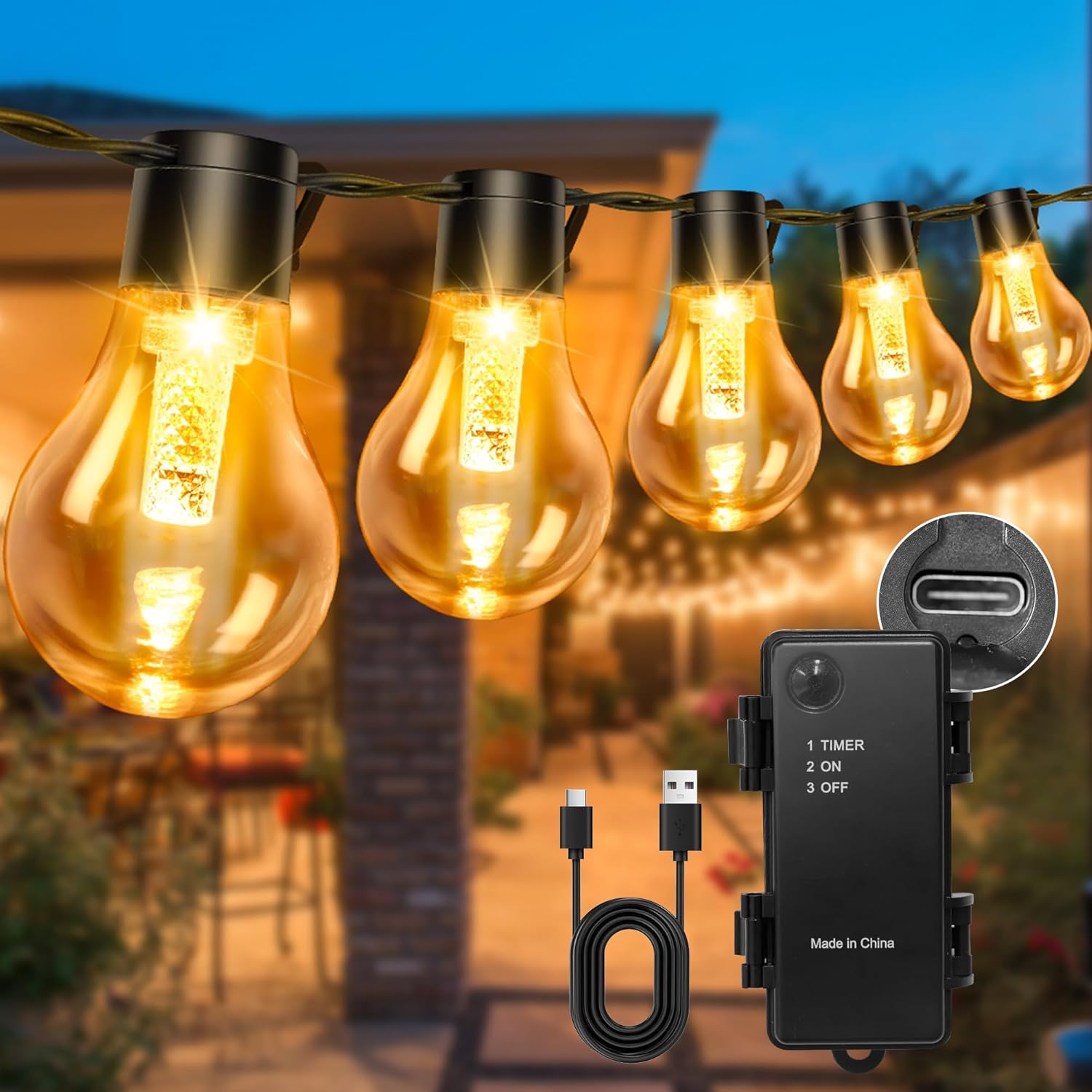 Thumbnail 5 de Aurogeek Festoon Lights Outdoor Garden Battery Powered with Timer (9m) – 8 Modes, USB-C Rechargeable, IP64 Waterproof ST64 Bulbs