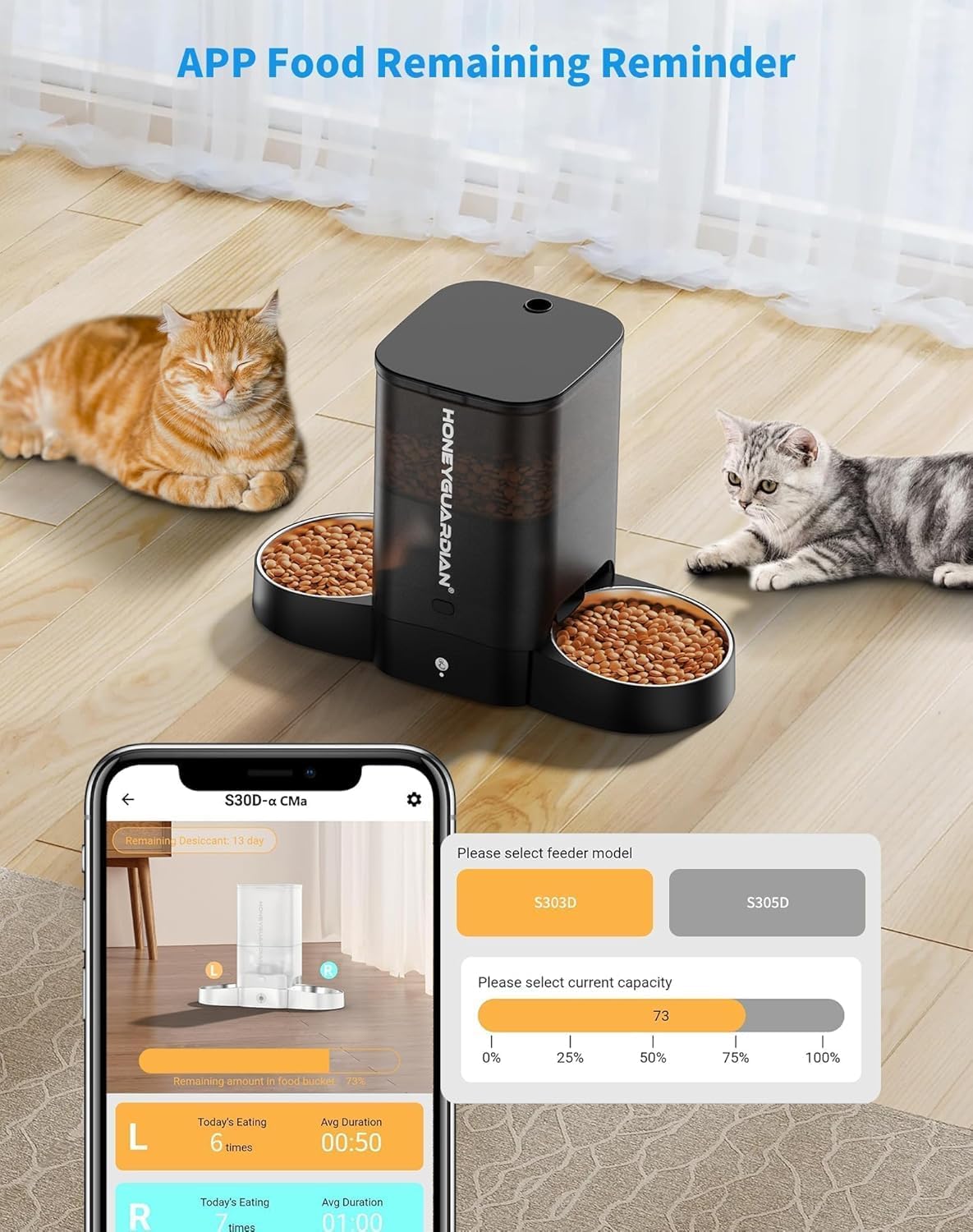 Detalle 2 de HoneyGuaridan 5L distributore automatico cibo per gatti con WiFi 2,4/5G e fino a 6 pasti al giorno