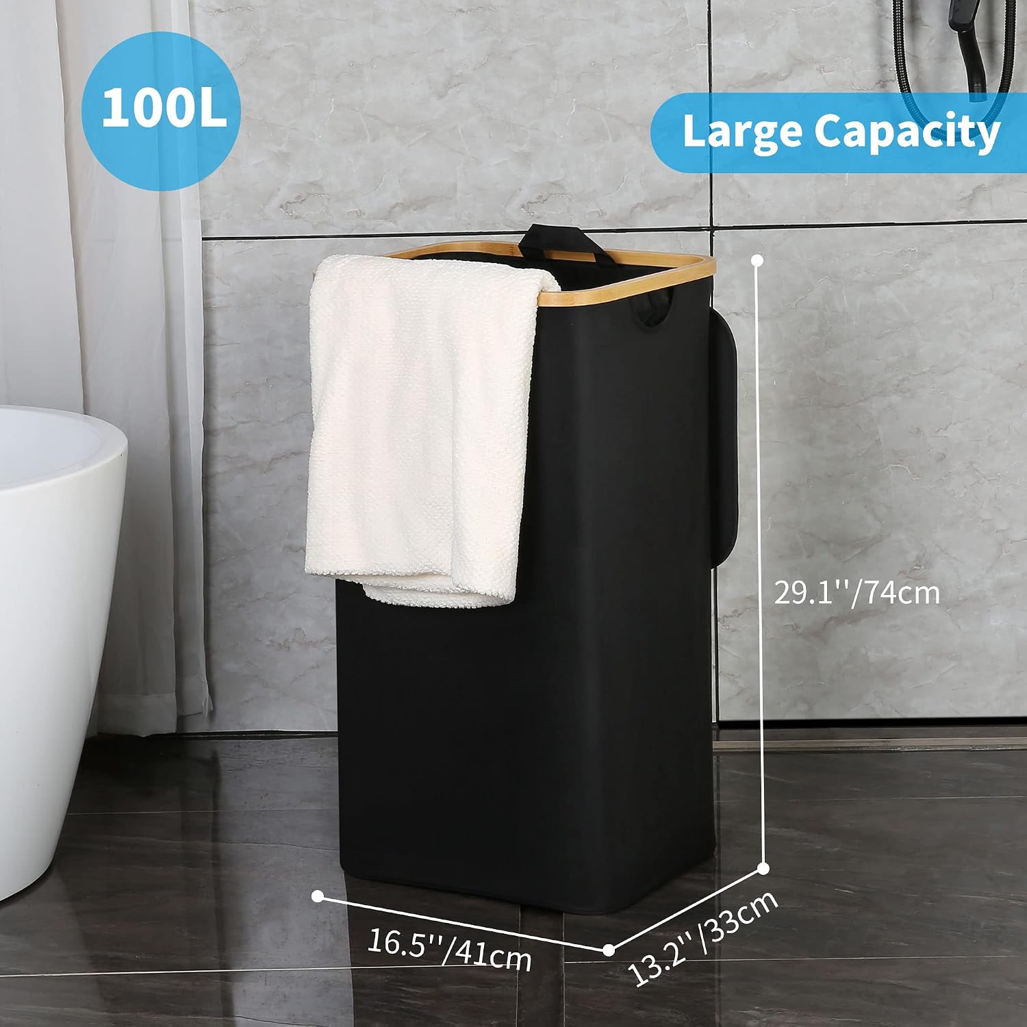 Detalle de efluky EF-100BL wasmand 100 liter met deksel, bamboe handgrepen en binnenvak
