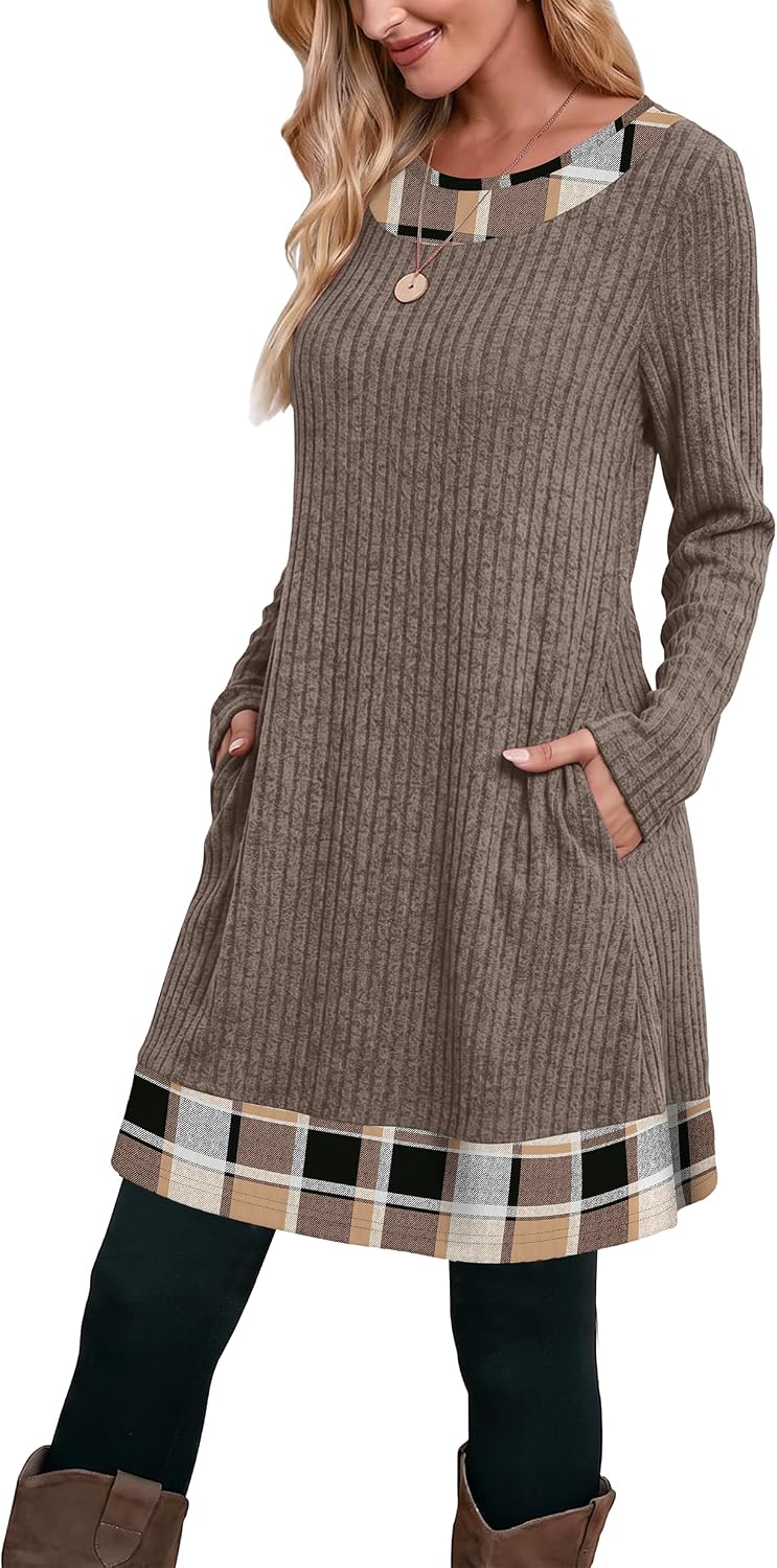 Thumbnail 1 de OFEEFAN Long Sleeve Color-Block Sweater Dress with Ribbed Knit and Side Pockets