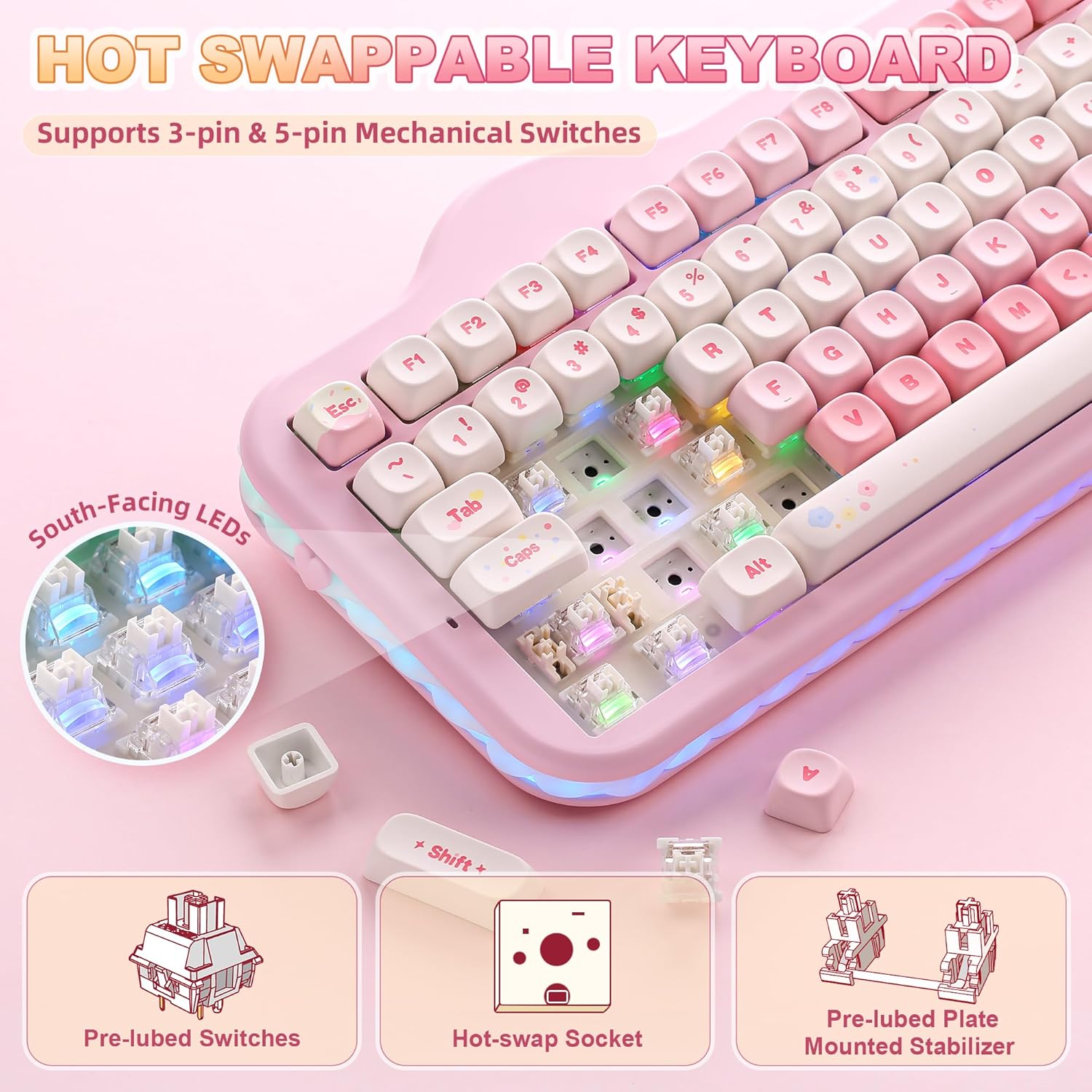 Detalle de YUNZII C98 Kabellose Mechanische Tastatur – 96% Layout mit Nummernblock, Gasket Mount, Hot-Swap, PBT MOA Keycaps (Milk V2 Cream Switch, Rosa)
