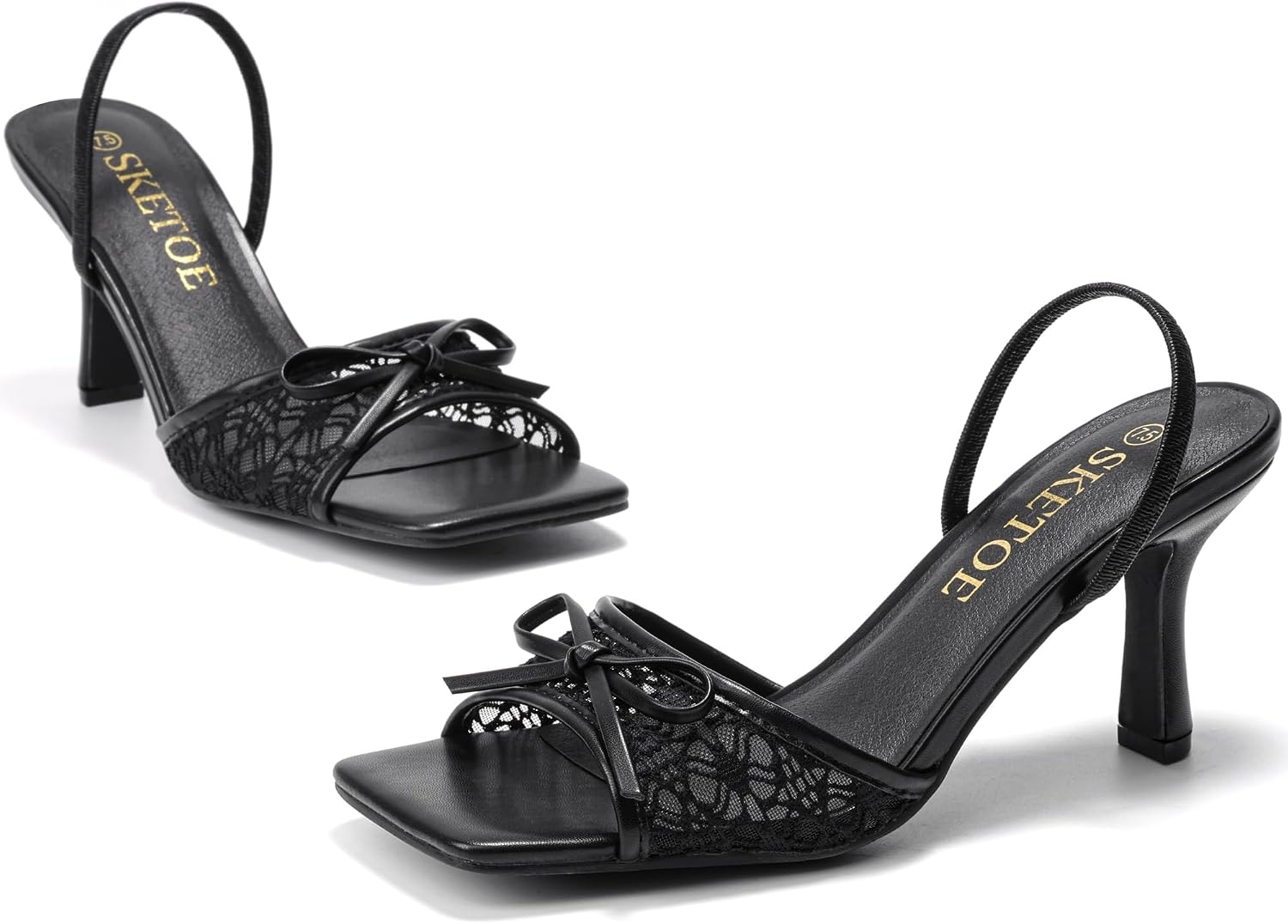 Detalle de SKETOE Bow Kitten Heels for Women: Square-Toe Mesh Sandals with Bow Accent