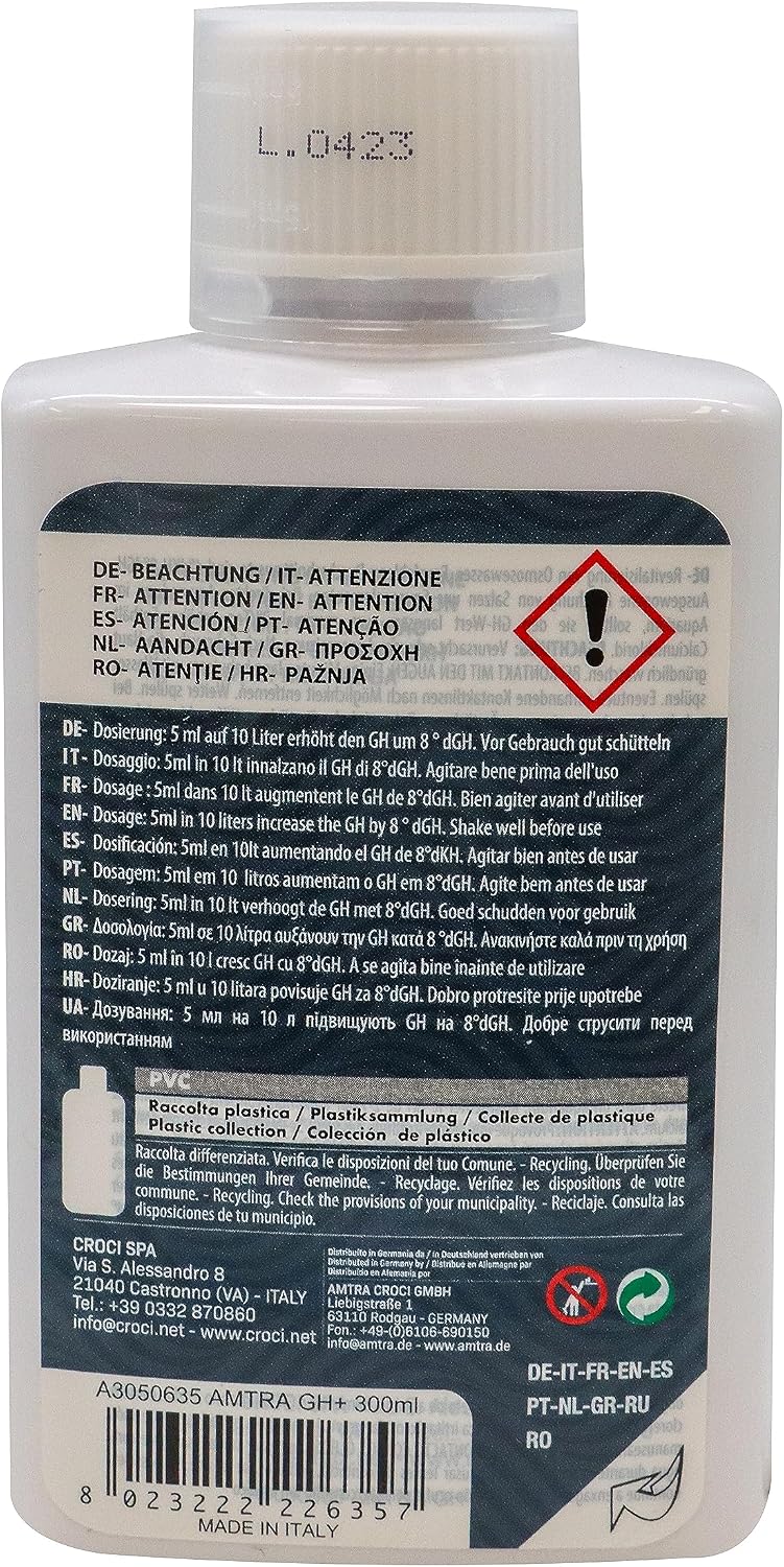 Detalle de Amtra GH +: integratore liquido per reintegrare la durezza dell'acqua d'acquario (dGH) in acqua dolce, 300 ml