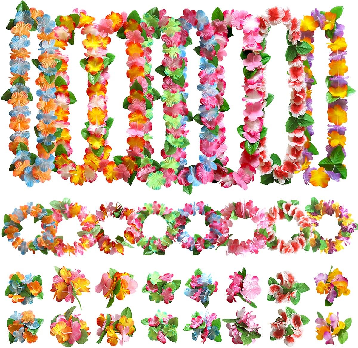 Detalle de Aviski 32-piece Hawaiian flower lei set (headbands, garland necklaces & bracelets) for tropical parties