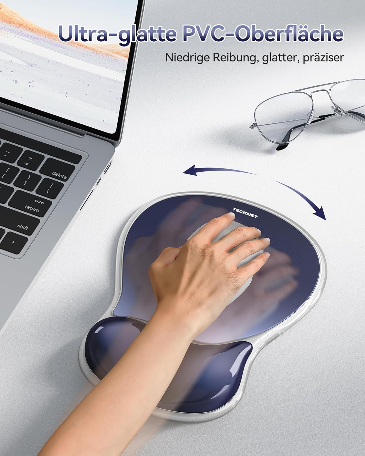 Detalle de TECKNET Mauspad mit Gel-Handgelenkauflage – Ergonomisch, wasserdicht, rutschfest (Dunkelblau)