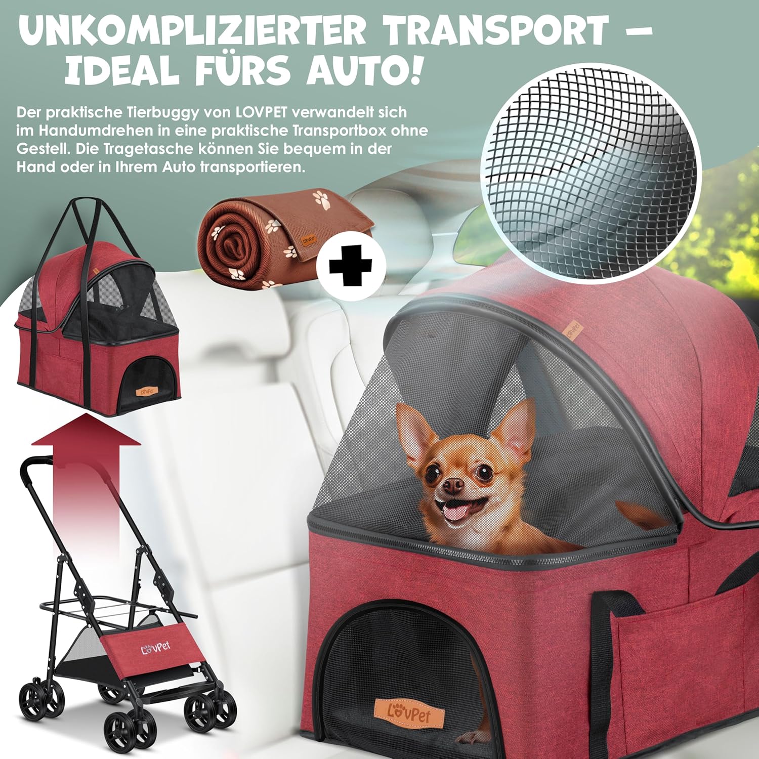Thumbnail 3 de LOVPET® Hundewagen 2in1: Hundebuggy & faltbare Hundebox (bis 20 kg) mit 360°-Rädern