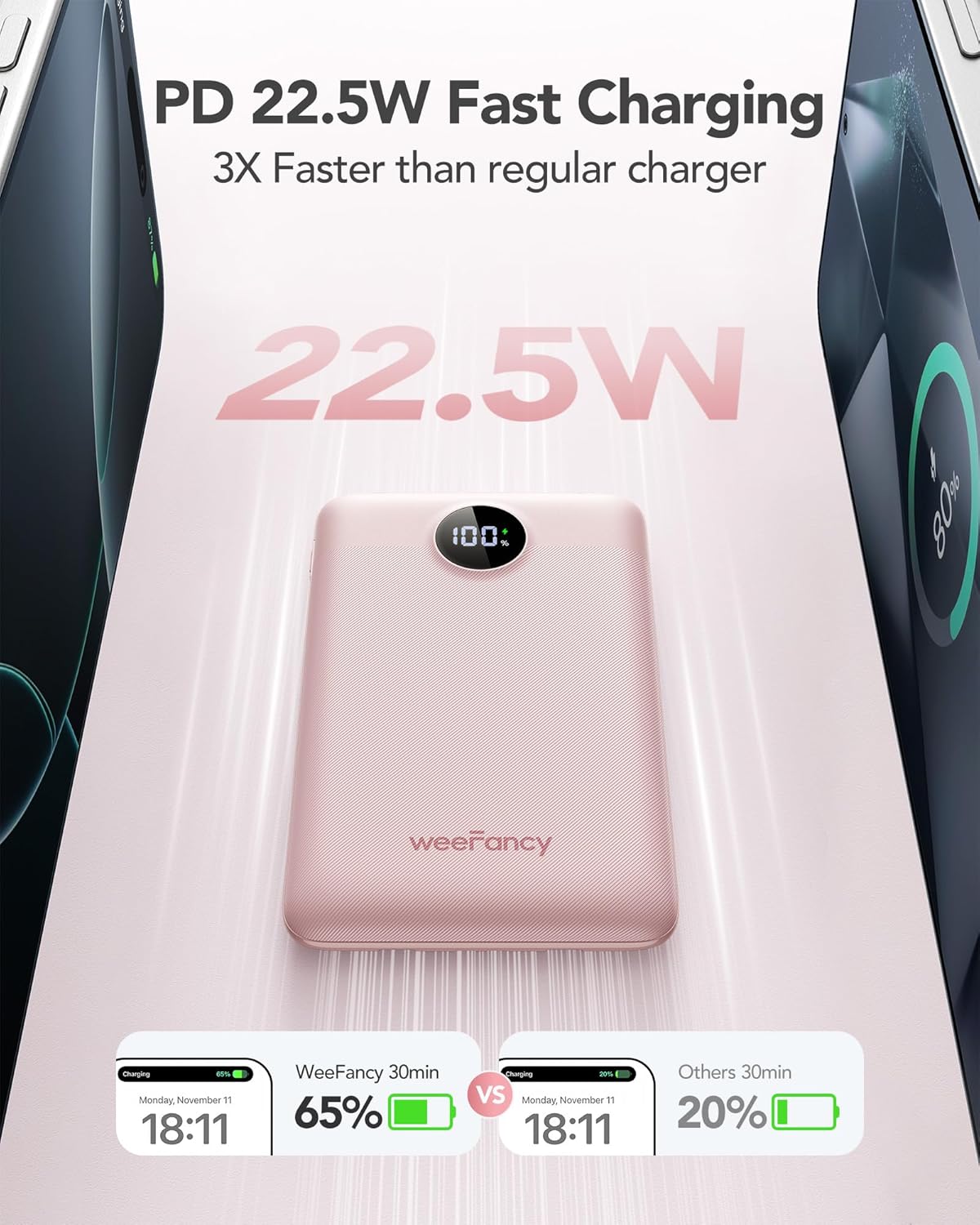 Thumbnail 2 de WeeFancy 10000mAh Power Bank with Built-in Cables, Fast Charging (22.5W) – Pink