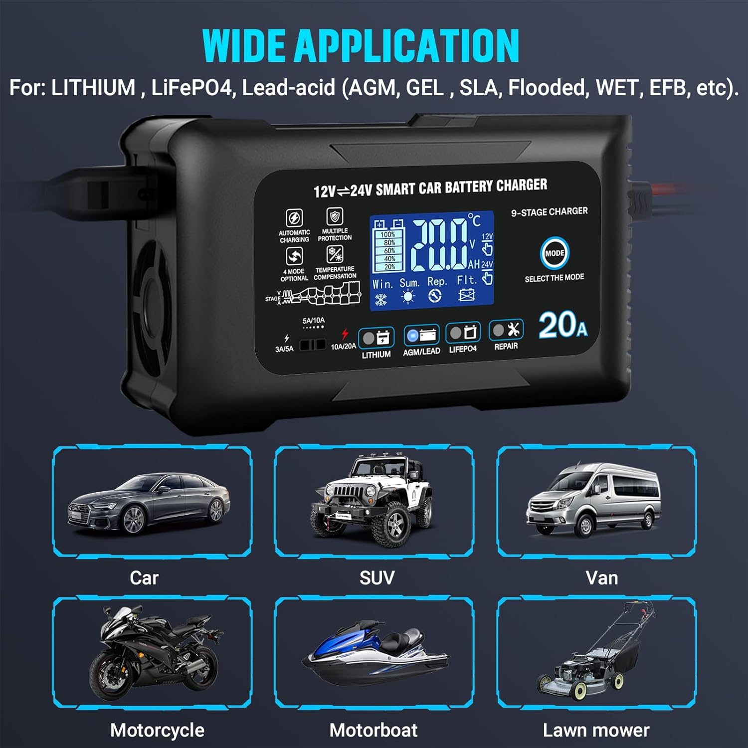 Thumbnail 1 de YHCHKJ 20Amp Smart Car Battery Charger (12/24V) for Lead-Acid, Lithium, and LiFePO4