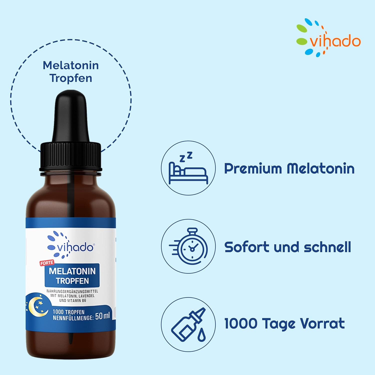 Detalle 2 de Vihado Melatonin Tropfen 1000 Nächte Forte – hochdosiert, schnell einziehend, Kirschgeschmack, 50 ml