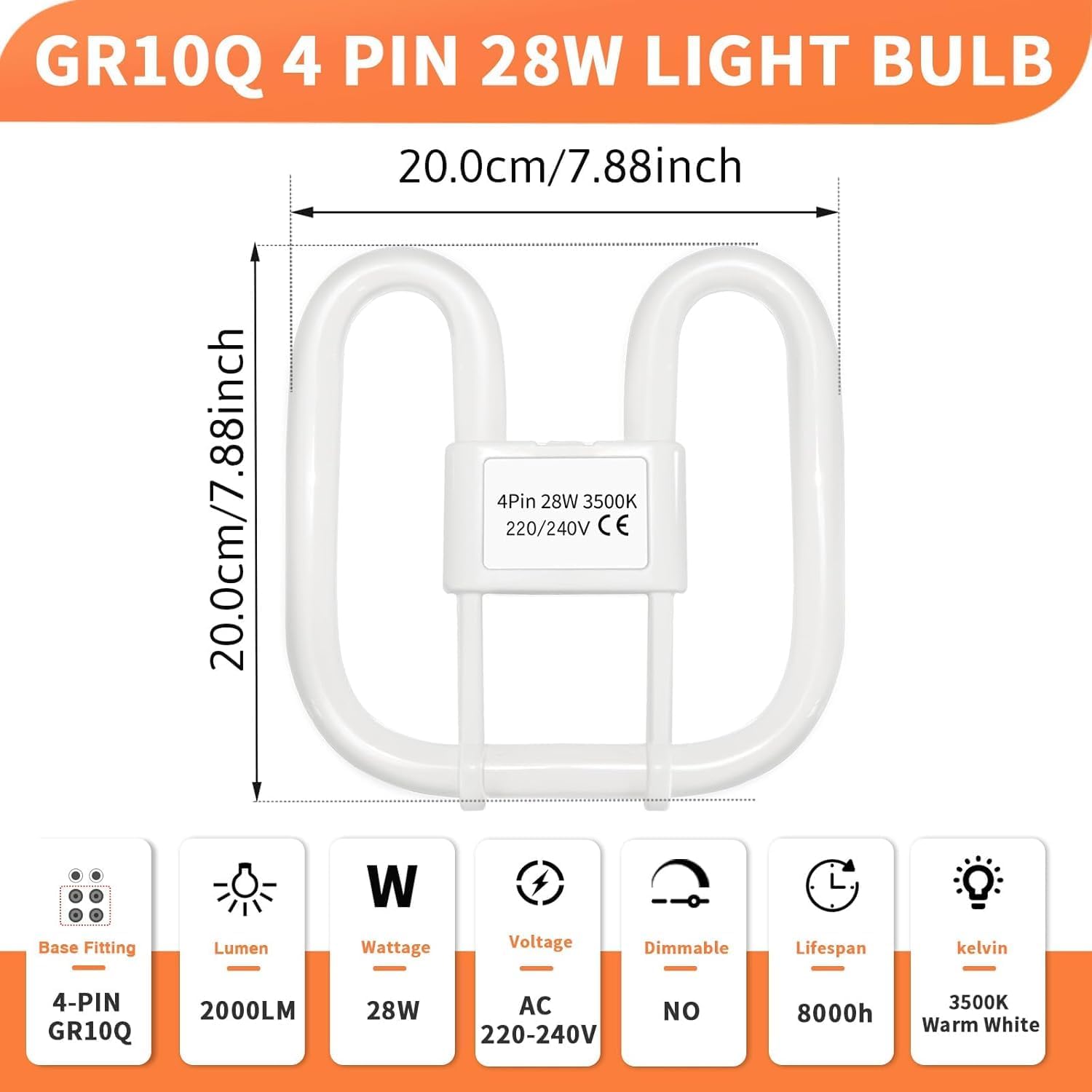 Detalle de GR10q 4 Pin 28W CFL Bulb (3500K) – 2000lm, Very Large Size, AC 220V