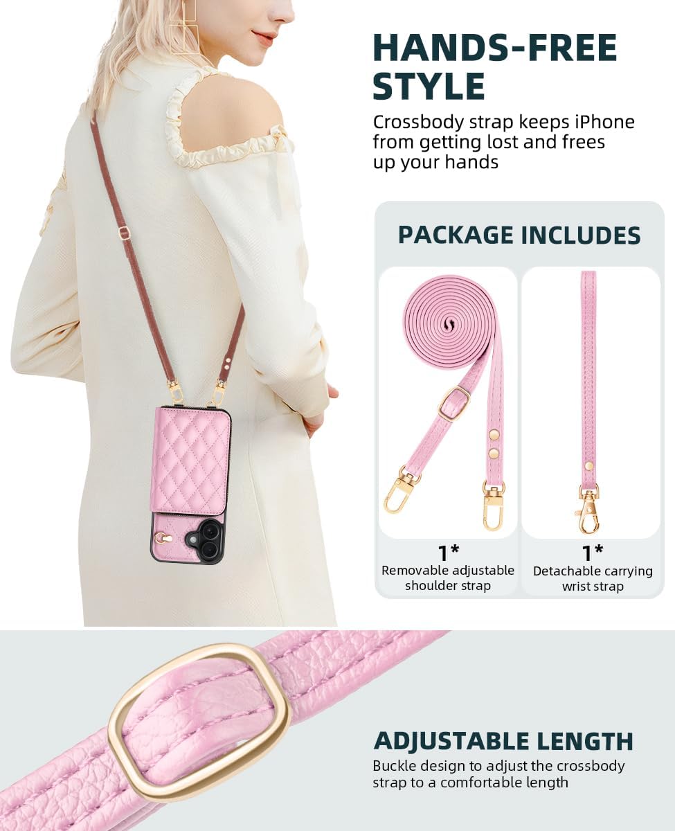 Thumbnail 6 de OCASE Brieftaschen-Hülle für iPhone 17 (6,3 Zoll) mit RFID-Schutz, PU-Leder, Reißverschluss und Trageband – Argyle Rosa