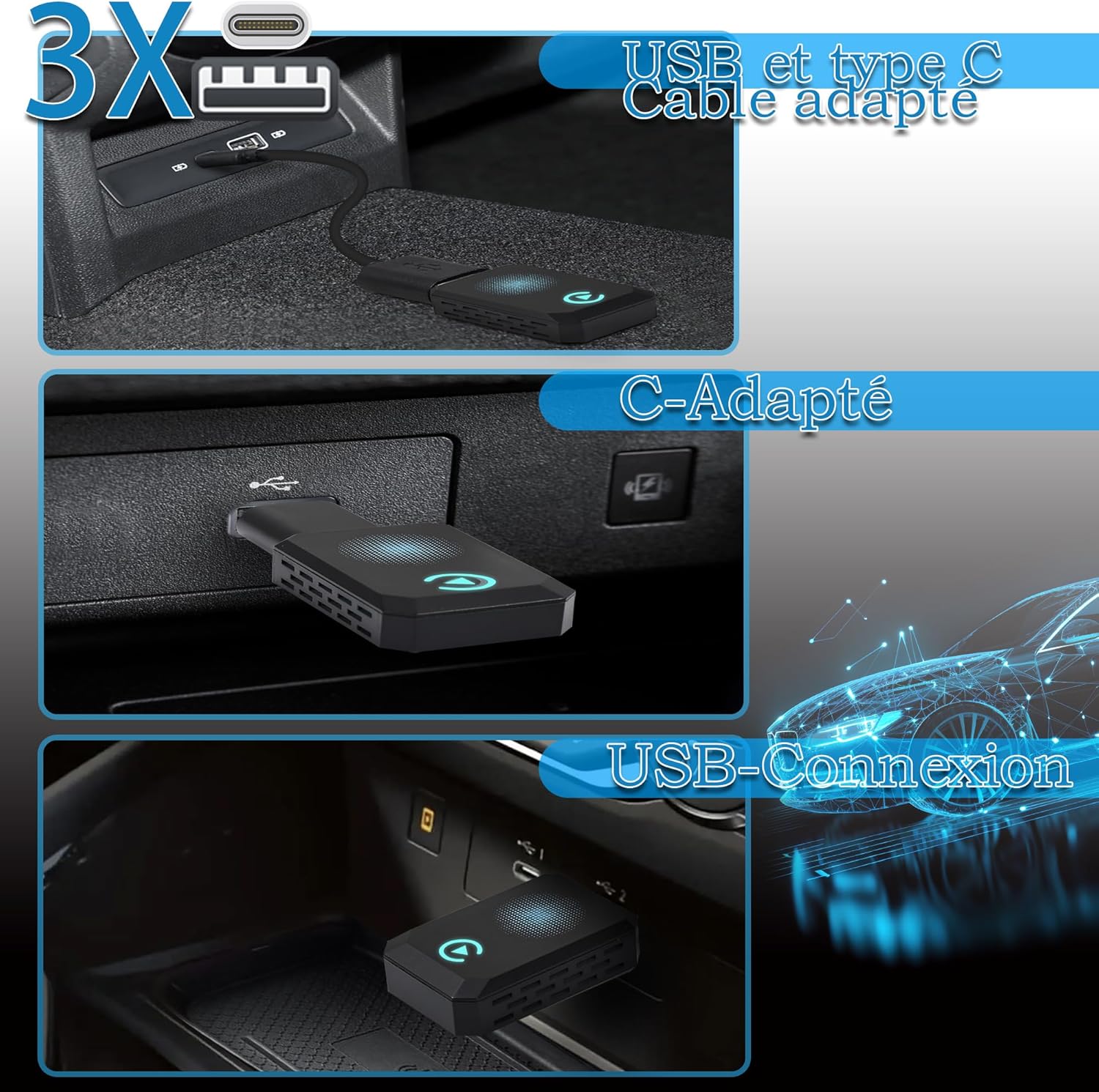 Thumbnail 3 de Adattatore CarPlay Wireless Plug & Play Type-C/USB compatibile con Apple CarPlay (nero)