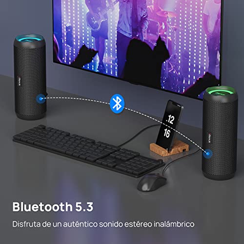 Detalle de RIENOK Altavoz Bluetooth 30W Portátil: potencia, impermeabilidad IPX7 y RGB para fiestas al aire libre
