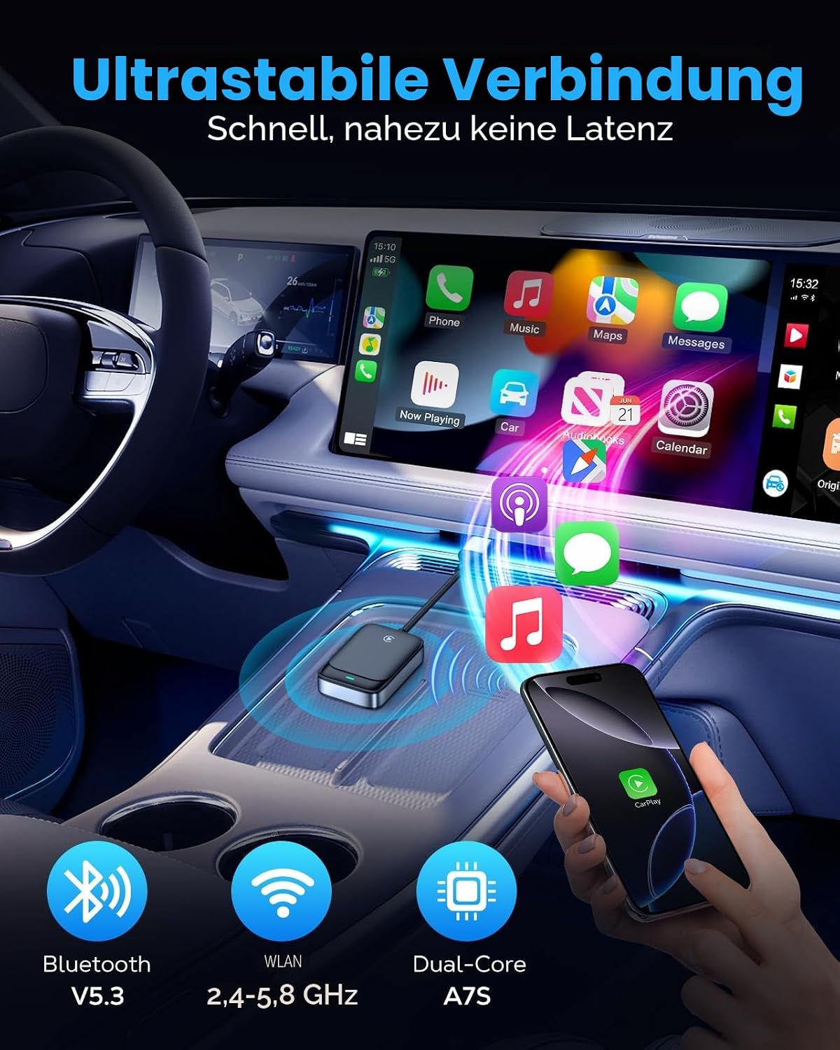 Detalle de MoKo CarPlay Wireless Adapter für Apple iPhone – kabellos aus kabelgebundenem CarPlay nutzen