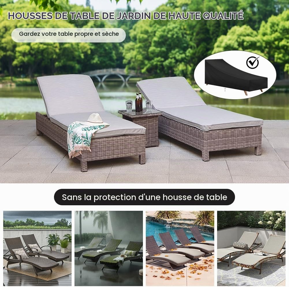 Detalle de AOOWU 5084704 beschermhoes voor tuinligstoel, waterdicht met trekkoord, 200 x 70 x 40/75 cm