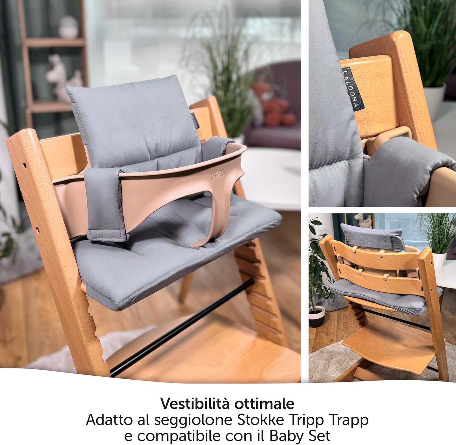 Thumbnail 2 de LaLoona Cuscino Seduta per Seggiolone Stokke Tripp Trapp (2 pezzi) in cotone OEKO-TEX, grigio rivestito