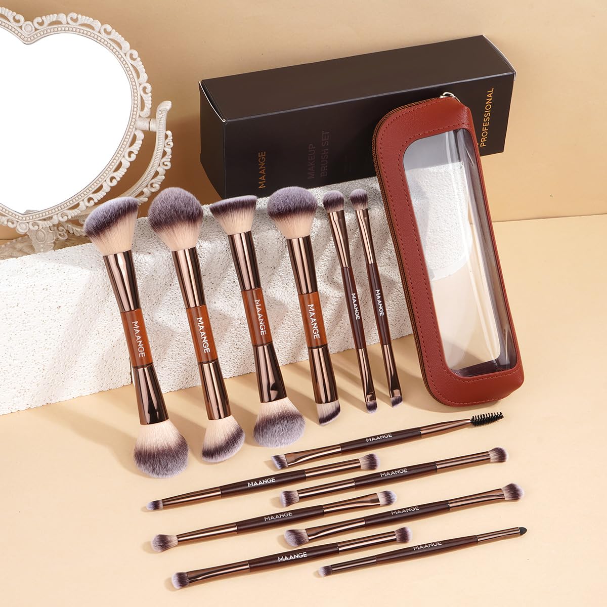 Thumbnail 1 de MAANGE 13-Piece Dual-Ended Foundation Makeup Brush Set with Bag (Coffee)