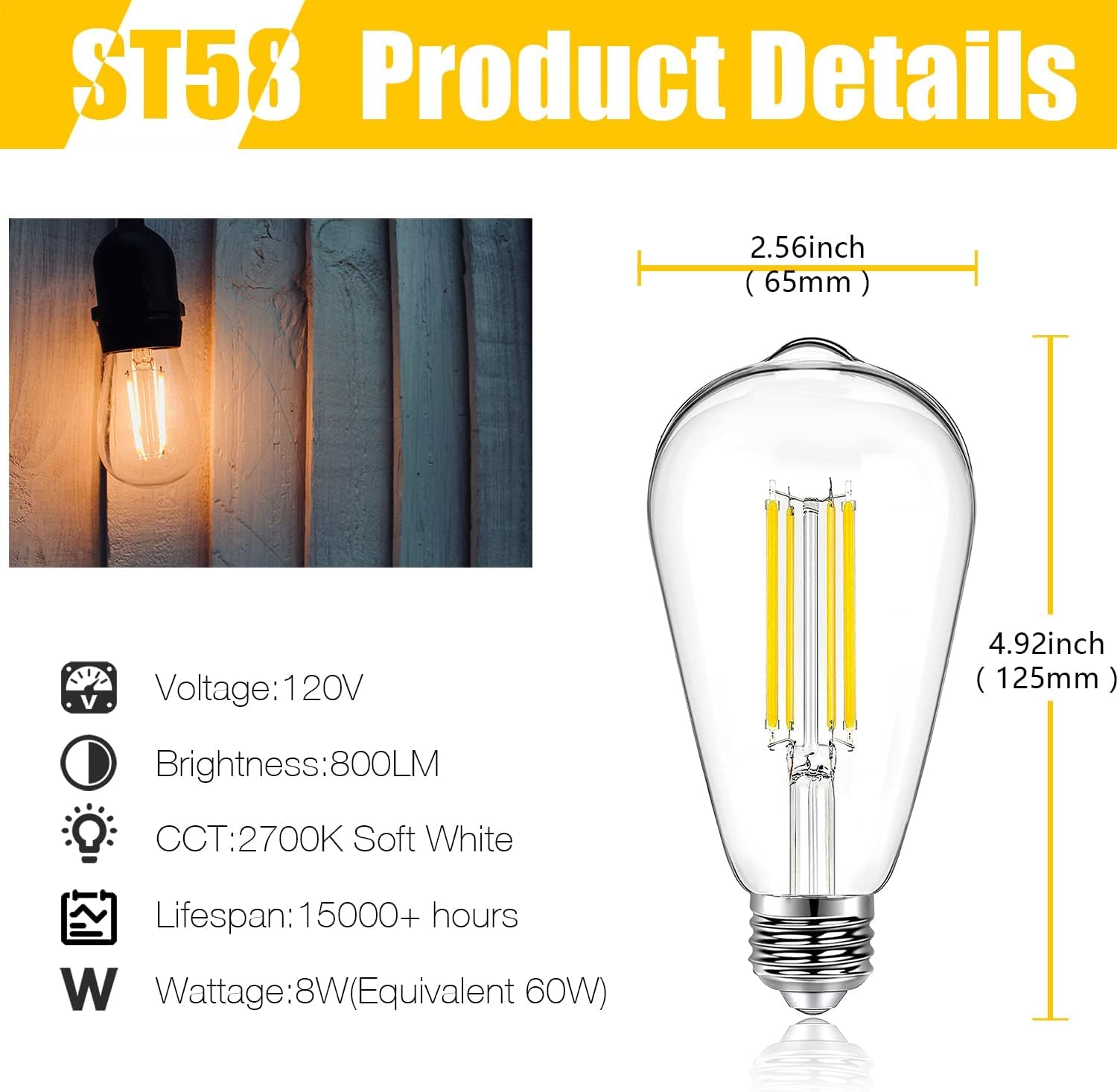 Detalle 2 de DAYBETTER DBDSDWWL004 Vintage LED Edison Bulbs, 800 Lumens, Dimmable, 2700K