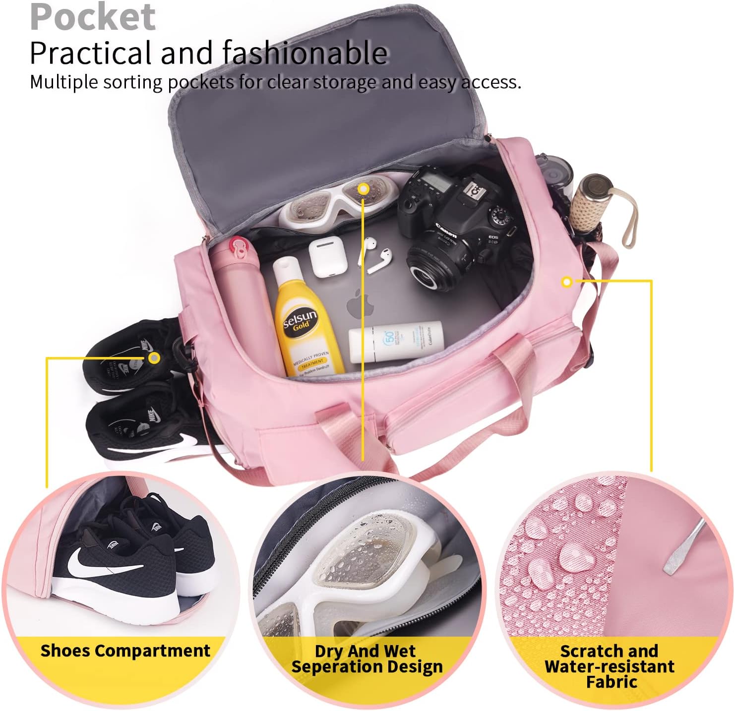 Detalle de FIORETTO Duffle Gym Bag with Wet Pocket & Shoe Compartment – 30L, Pink