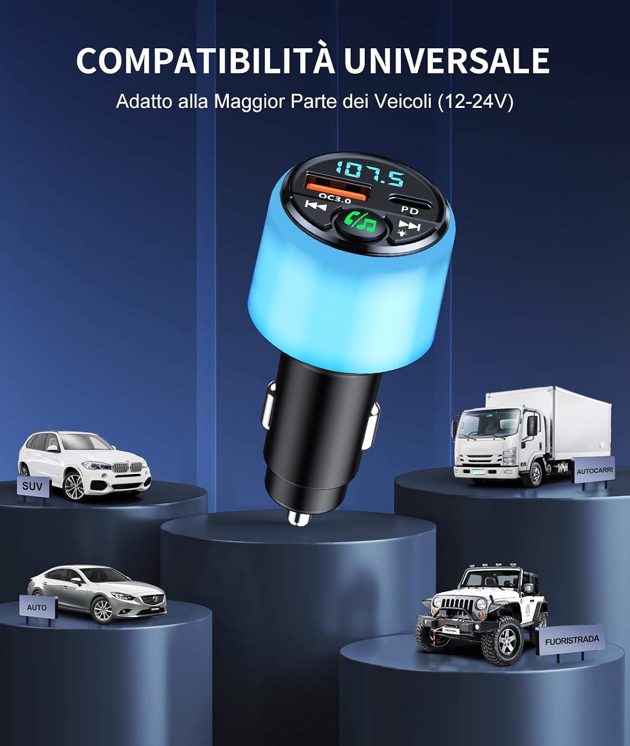 Thumbnail 6 de Mohard Trasmettitore FM Bluetooth 5.3 per Auto con PD 30W e QC3.0 18W, LED Ambient e Vivavoce