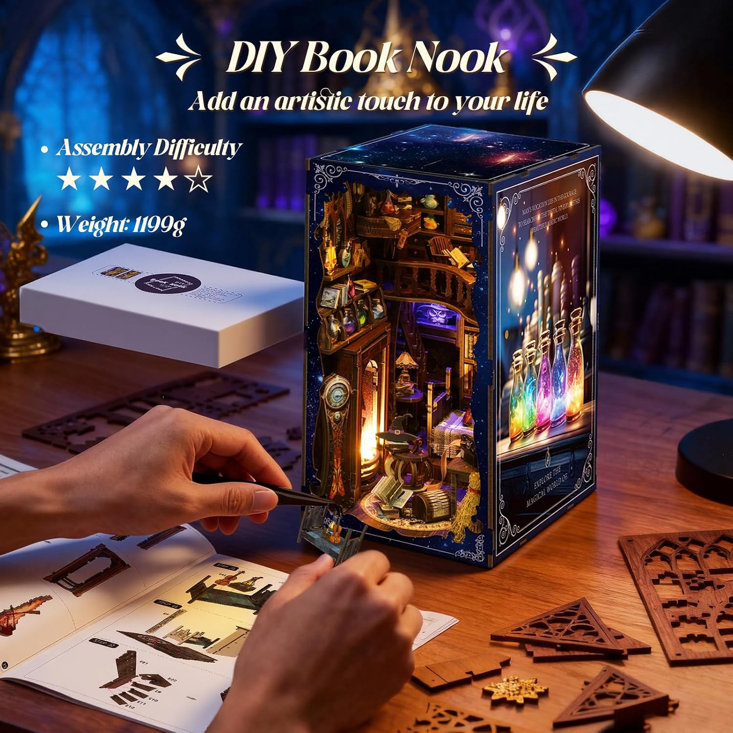 Detalle 2 de Wooden Booknook Diy 3D Book Nook con Luce LED e Coperchio antipolvere – Kit fai-da-te per appassionati di letteratura e arte