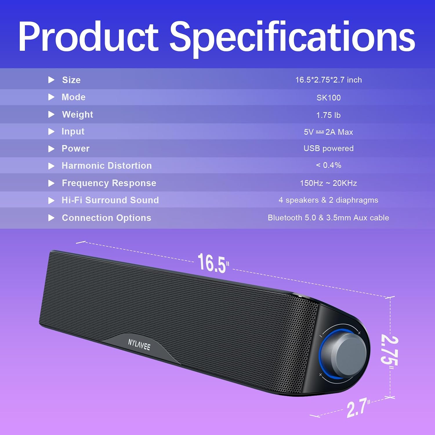 Thumbnail 6 de Nylavee Computer Speakers: Hi-Fi Stereo Sound Bar with Bluetooth, USB Power, and Built-in Mic