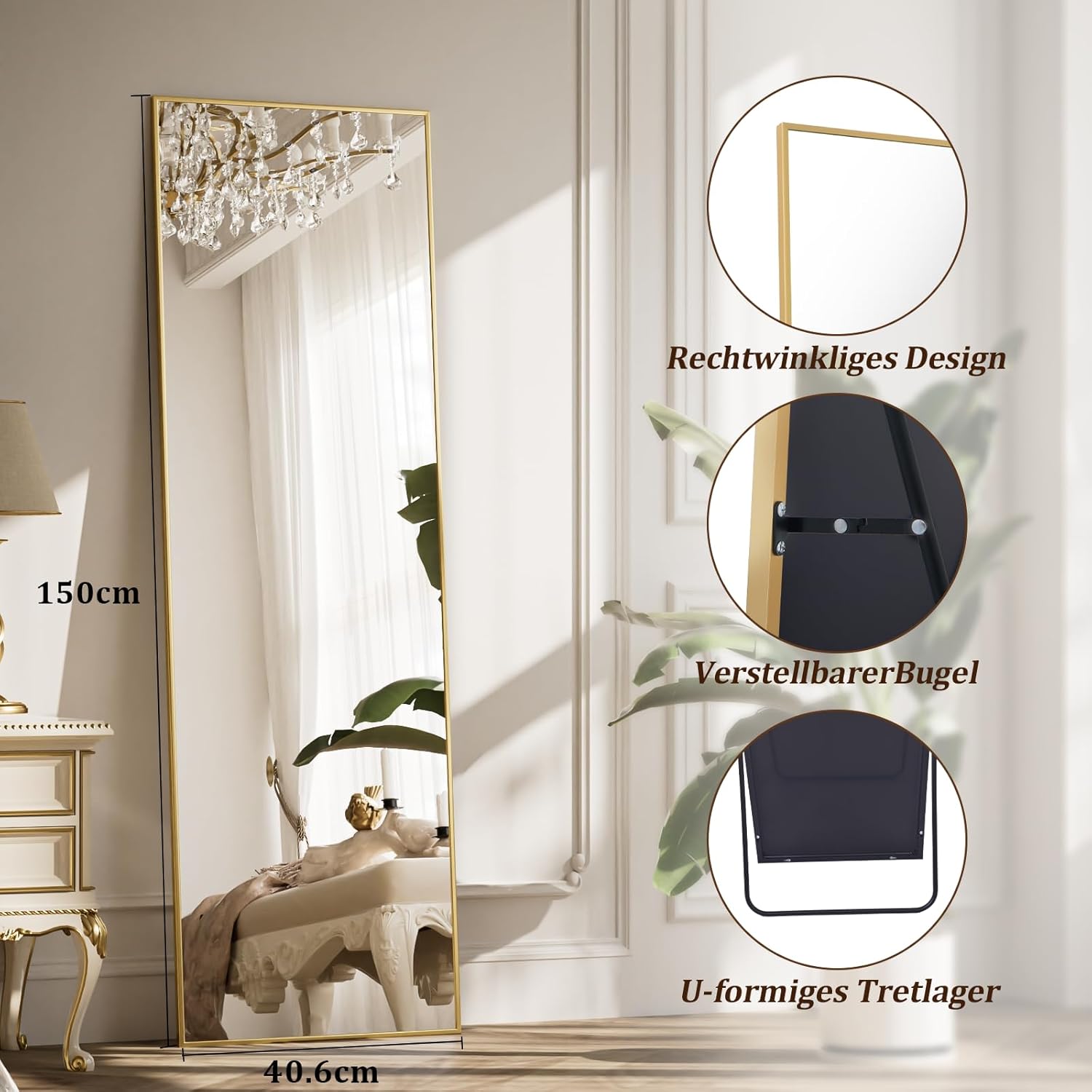 Thumbnail 2 de BEAUTYPEAK Ganzkörperspiegel 150x40 cm – Stand- oder Wandspiegel mit Aluminiumrahmen und verzerrungsfreier Reflexion