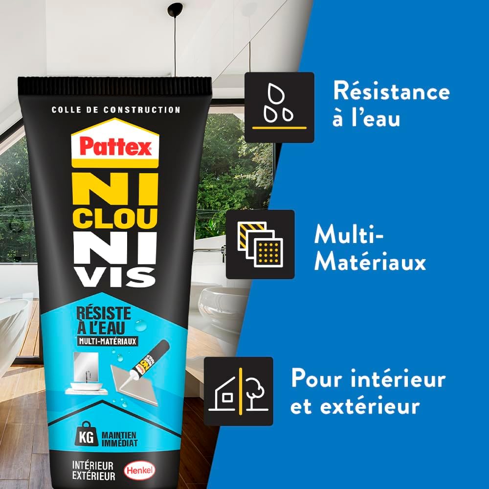 Thumbnail 2 de Pattex Colle Ni Clou Ni Vis Résiste à l'Eau Multi-Matériaux (tube 142 g) – fixation immédiate et mastic blanc flexible
