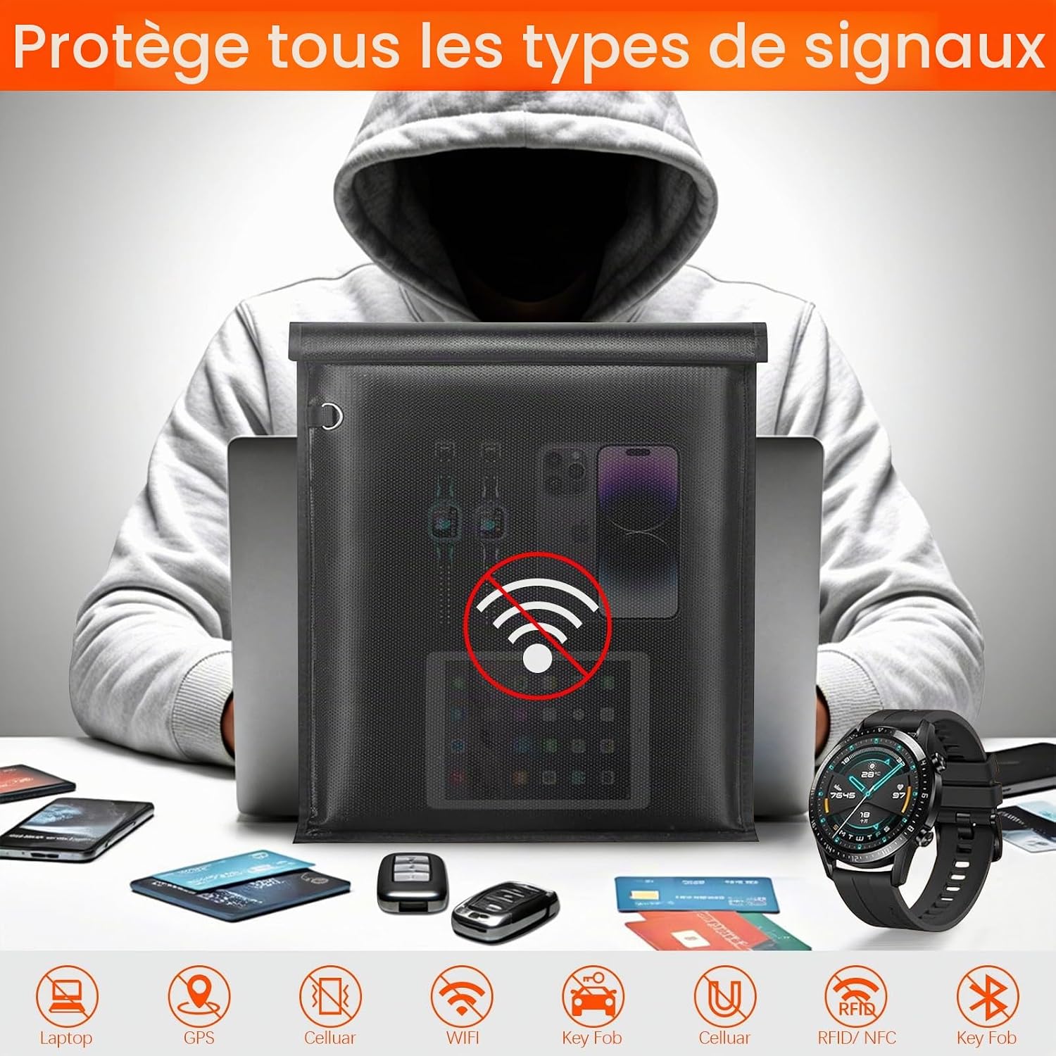 Thumbnail 1 de Inaepeak Sacs Faraday grande cage Faraday antivol – protection RFID/EMP pour téléphones, ordinateurs et clés