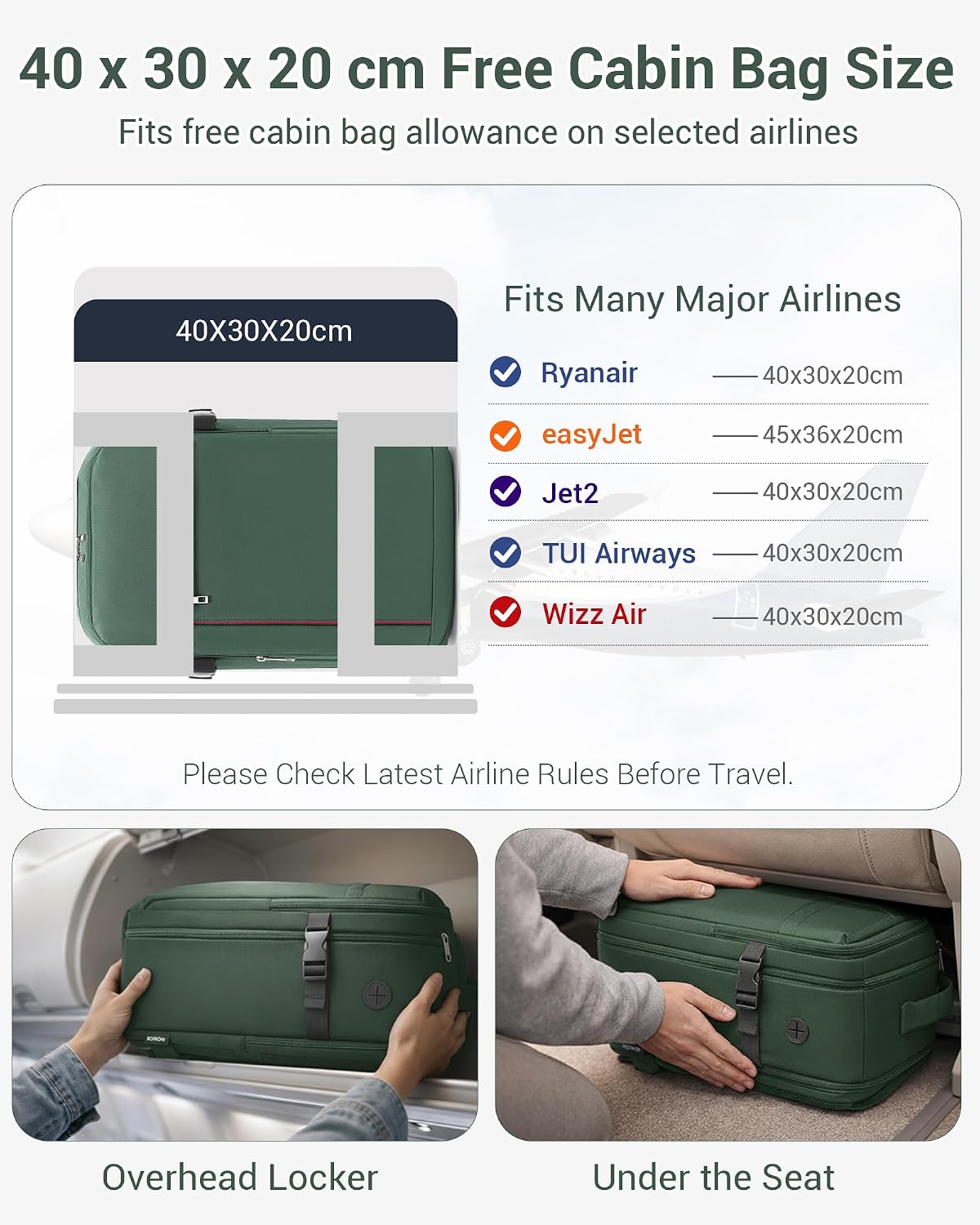 Detalle 2 de Kono for Ryanair Cabin Bag 40x30x20: 24L Underseat Travel Backpack with 15.6" Laptop Compartment