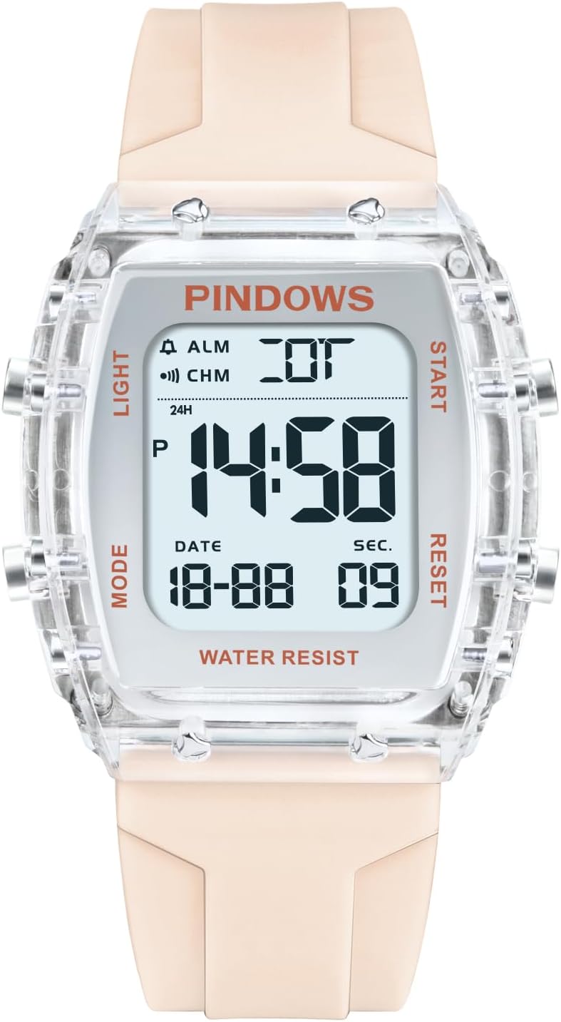 PINDOWS Digitale Sportuhr für Damen mit transparentem Gehäuse, helles LED und 5 ATM