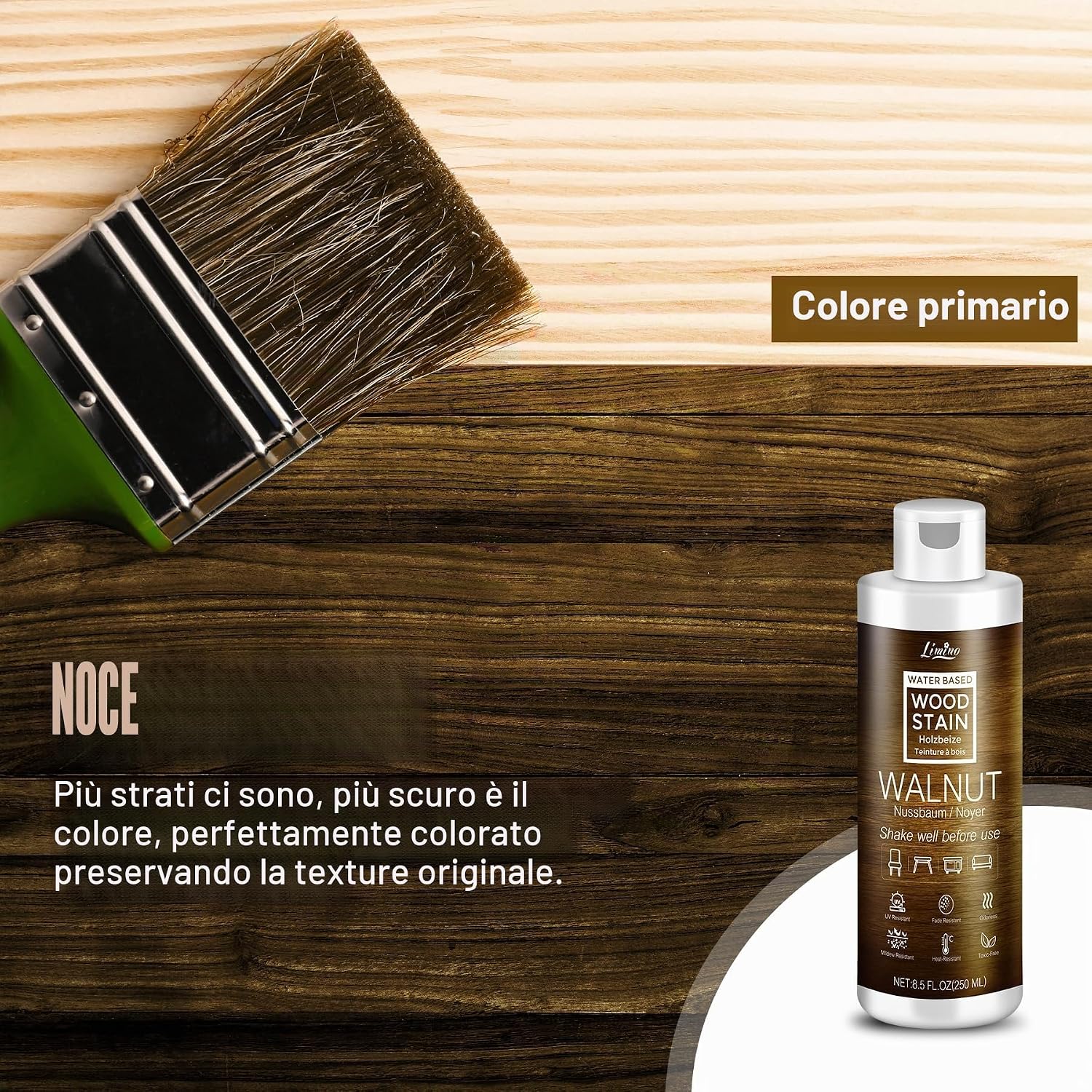 Detalle 2 de Tintura per legno a base d'acqua - Noce | Vernice per mobili interni ed esterni (250ml)