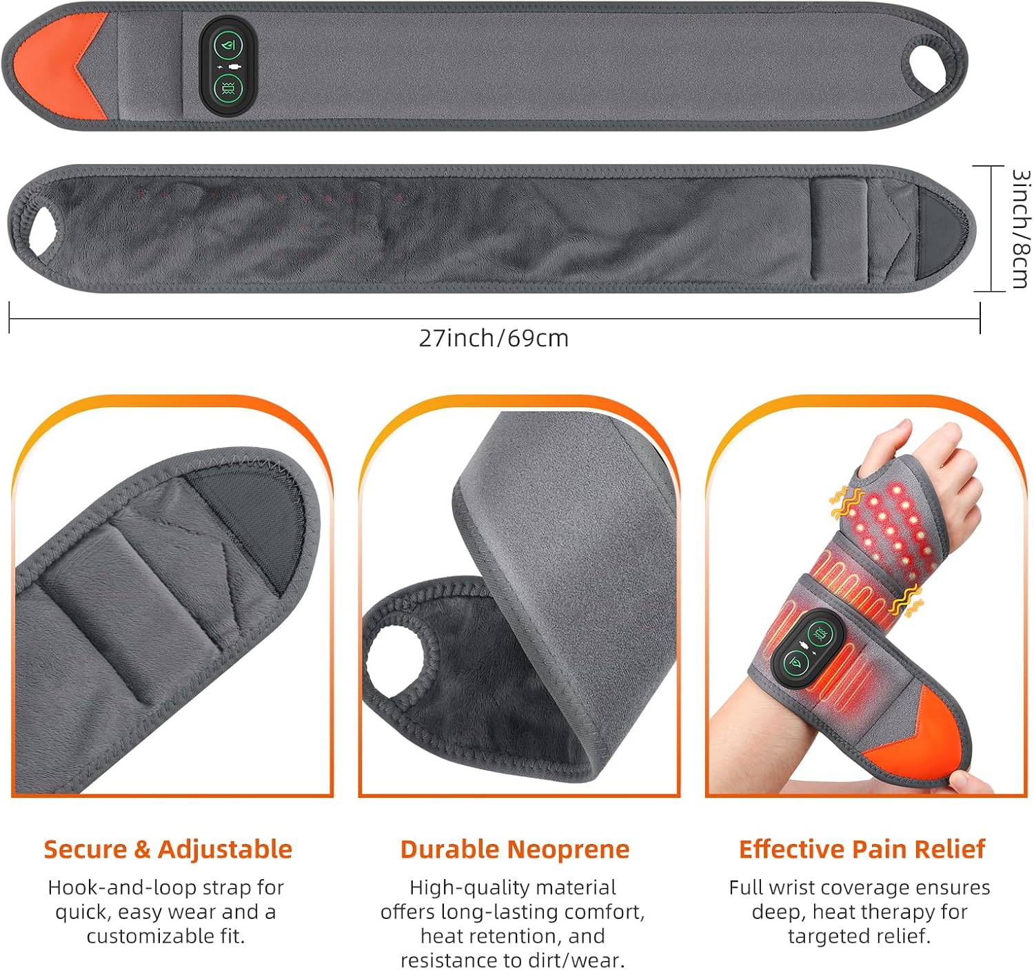 Detalle de Cordless Heated Wrist Massager with Red Light, Vibration & 3000mAh Battery (Grey)