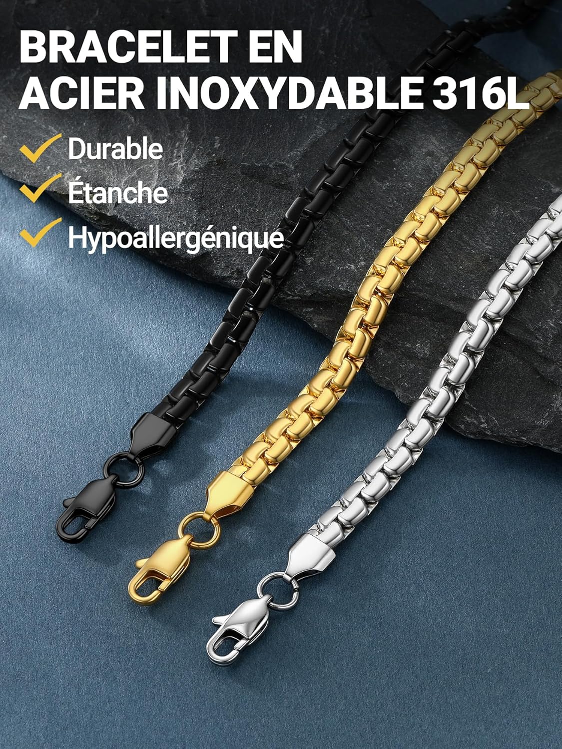 Thumbnail 5 de PROSTEEL Chaîne Bracelet Maillon Plat 4mm/6mm en Acier Inoxydable/Plaqué Or – Longueur 20cm/22cm