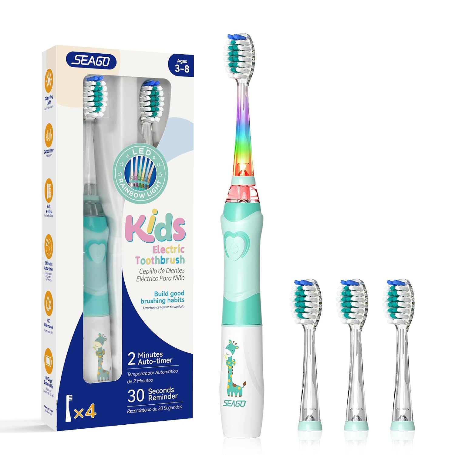 Detalle de SEAGO SG-977 Kids Electric Toothbrush with Timer, Rainbow LED and 4 Heads