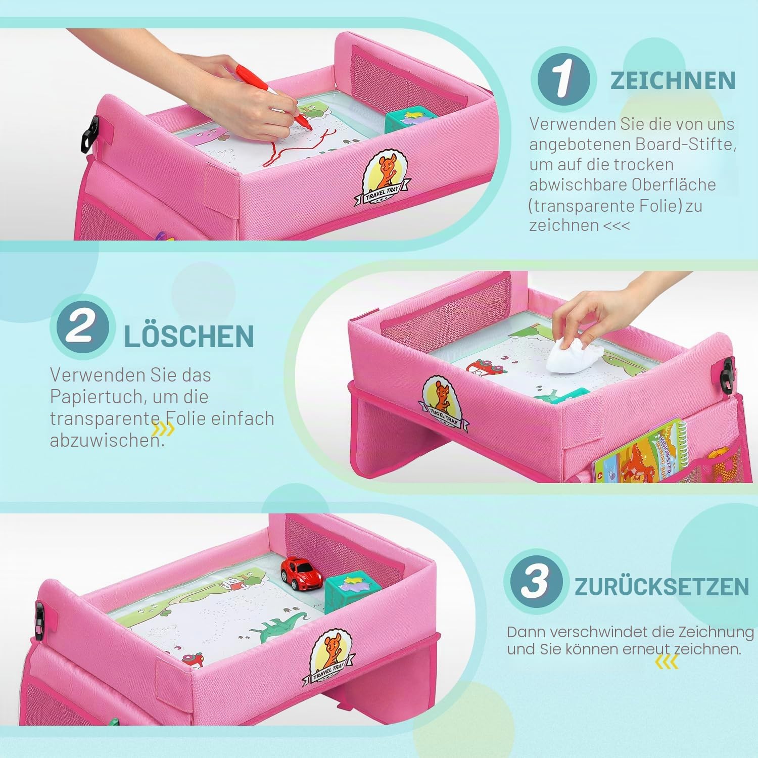 Thumbnail 2 de lenbest Reisetisch für Kinder – Zeichentablett, Sitzunterlage & Spielbrett (Rosa)