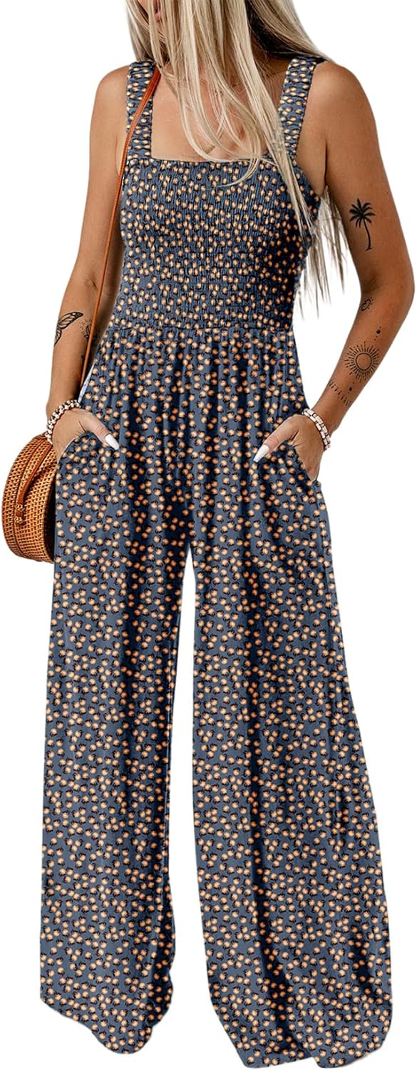 Dokotoo Women’s Casual Loose Overalls Jumpsuit (Sleeveless, Printed Wide-Leg, With Pockets)