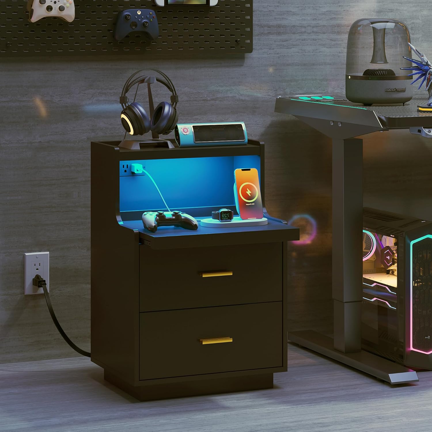 Detalle de Yusong LED Nightstand with Charging Station, RGB Lights, 2 Drawers, Black