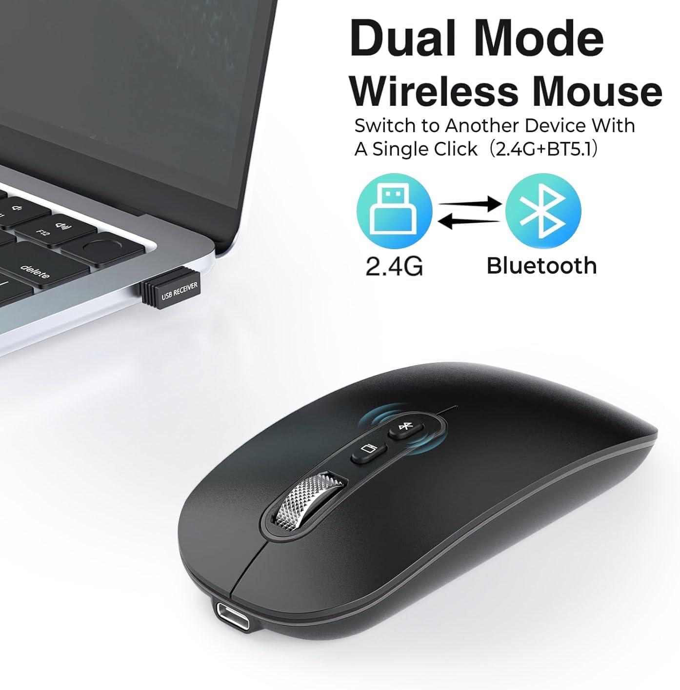 Thumbnail 1 de cimetech Wireless Bluetooth Mouse (BT5.1 + 2.4G) – Type-C Rechargeable Silent Mouse, Ultra-Slim Ergonomic (Black)