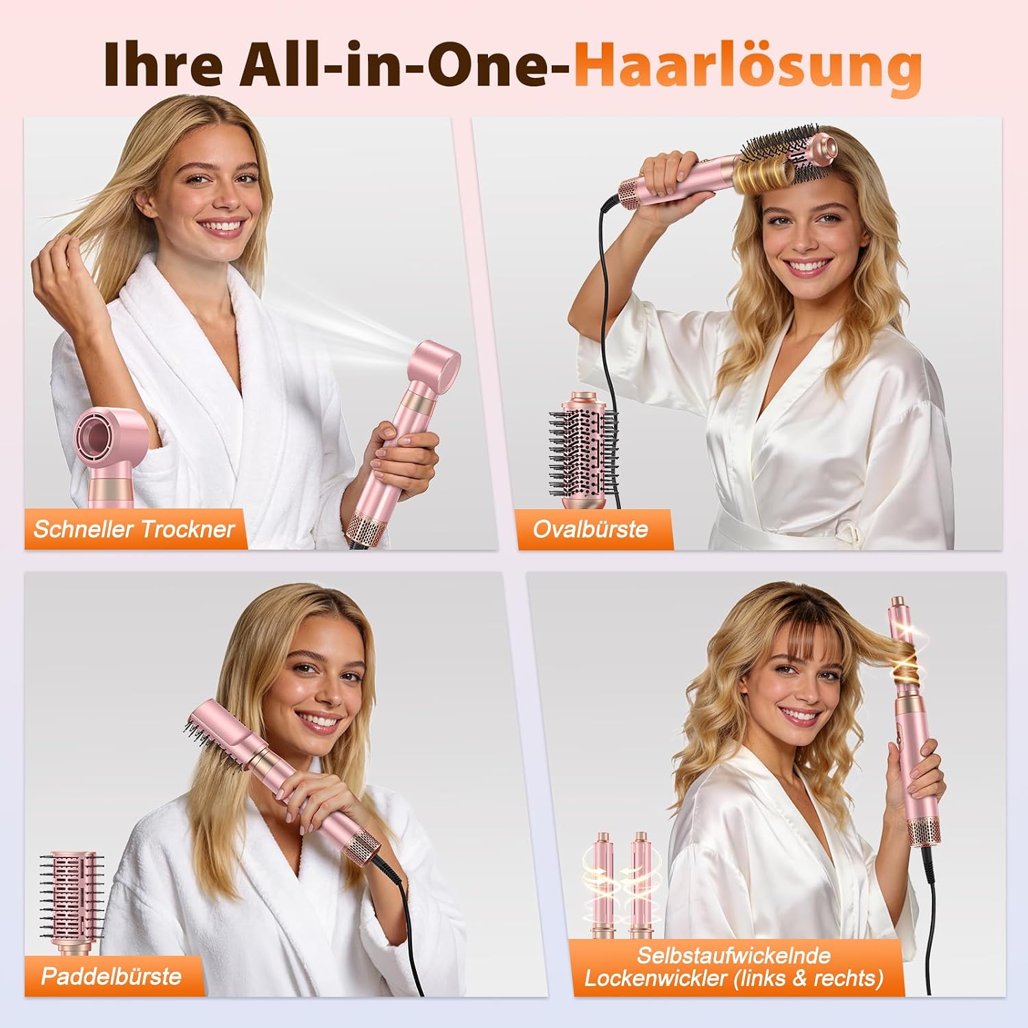 Detalle de 5-in-1-Föhnbürsten-Set: Upgrade-Haartrockner, Föhnbürste, Lockenstab Automatisch und Paddelbürste – kompakt, vielseitig und für die Familie
