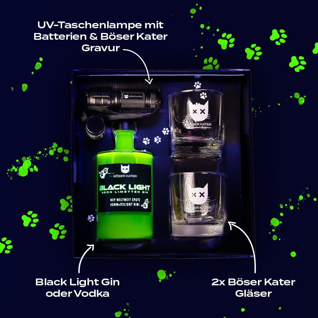 Thumbnail 1 de BÖSER KATER Blacklight Gin Geschenkset – Neon Gin mit UV-Taschenlampe & 2 Gläsern (0,5l, 40% Vol.)