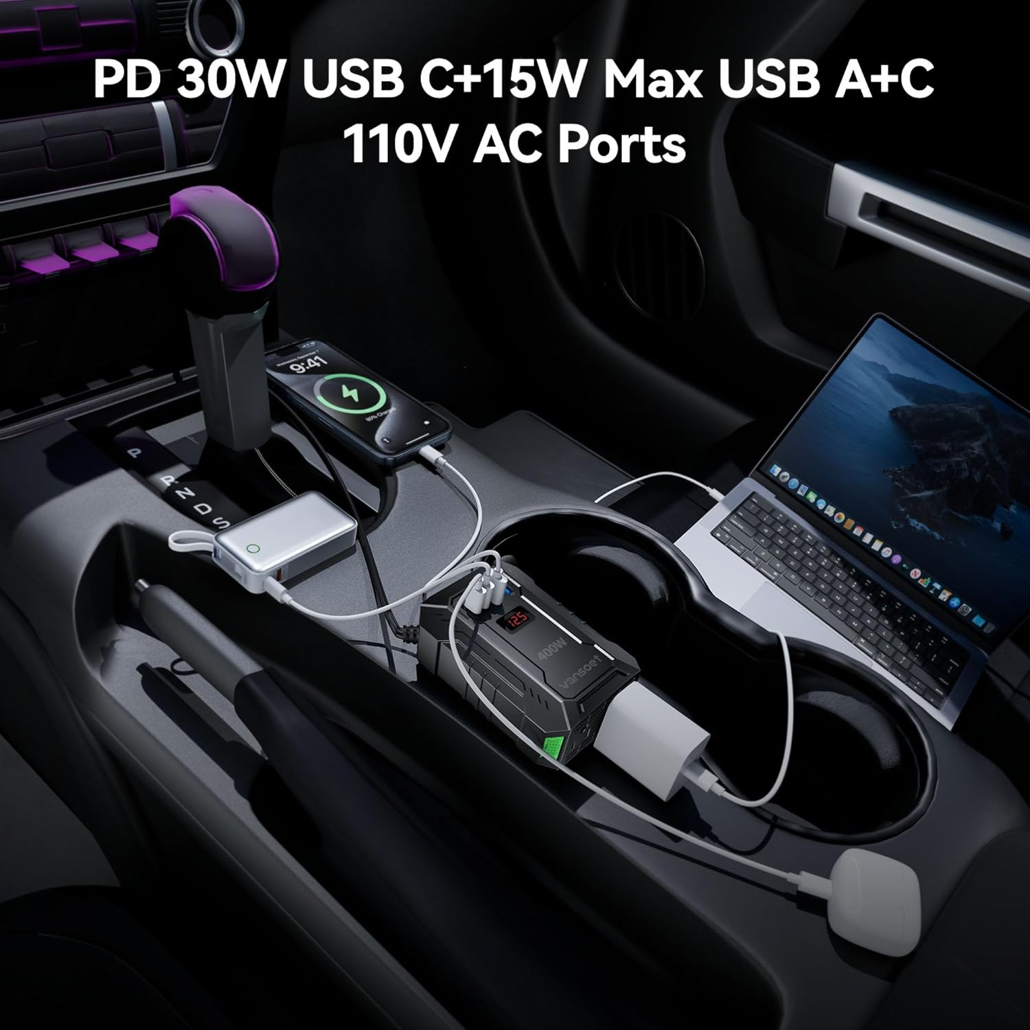 Thumbnail 5 de 400W Car Power Inverter (DC 12V to 110V AC) with 30W/15W USB-C, 2 USB-A & 2 AC Outlets