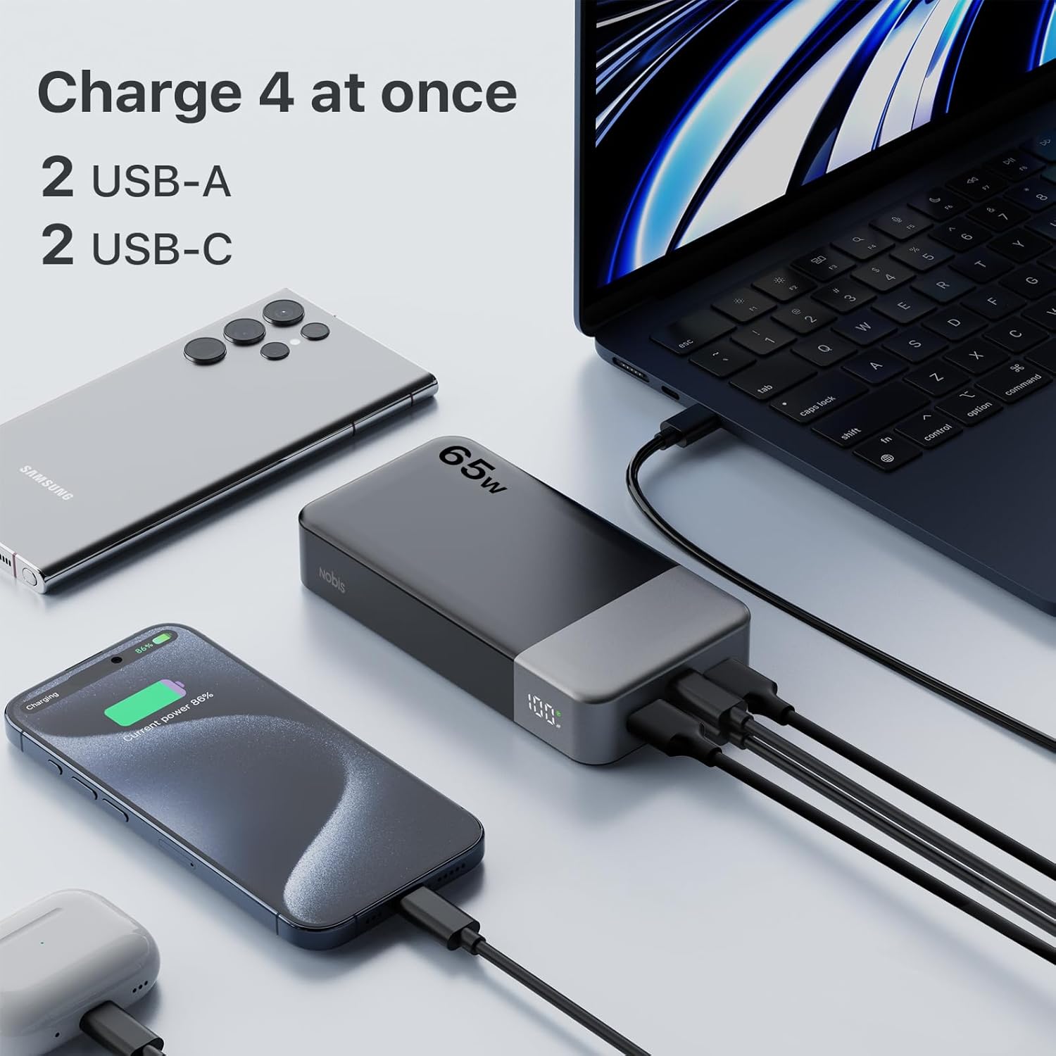 Detalle 2 de NOBIS Powerbank 20000mAh 65W Schnellladung – Vielseitige Tragbare Energiequelle mit Digitalanzeige