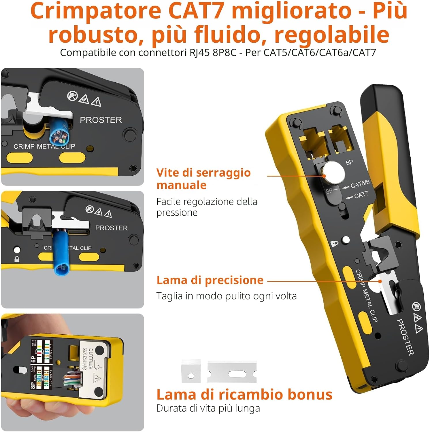 Detalle 2 de Proster pinza crimpatrice RJ45 CAT7 con passante e kit completo (20 connettori + tester di rete ricaricabile)