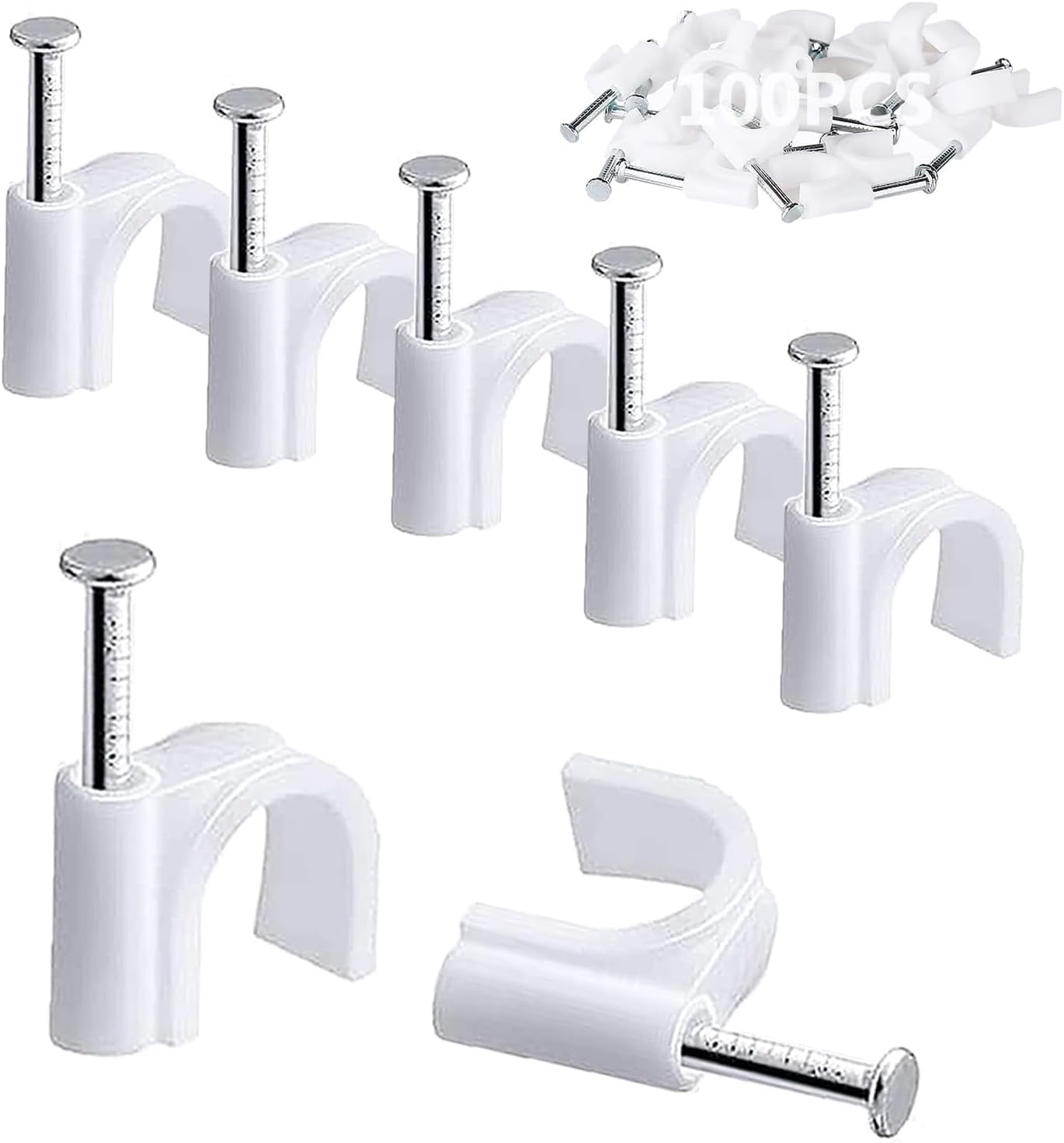 100 x runde Kabelklemmen (weiß) für Kabel bis 6 mm – 6-mm-Kabelclips mit Stahlnagel