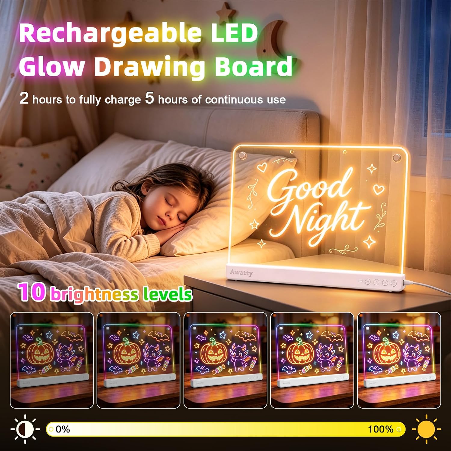 Thumbnail 6 de Awatty 16-Inch LED Drawing Board, Rechargeable Acrylic Panel with RGB Lighting