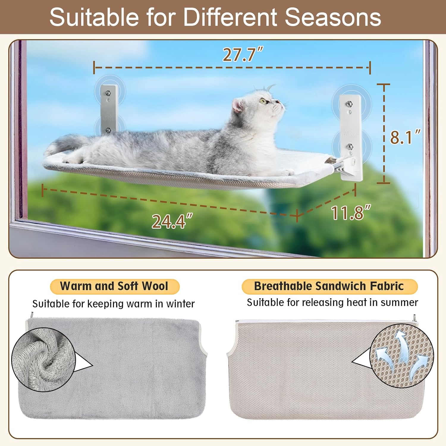 Thumbnail 2 de PEFUNY Cordless Folding Cat Window Perch (Grey, Large) – 360° Sunlit Hammock for Window or Wall